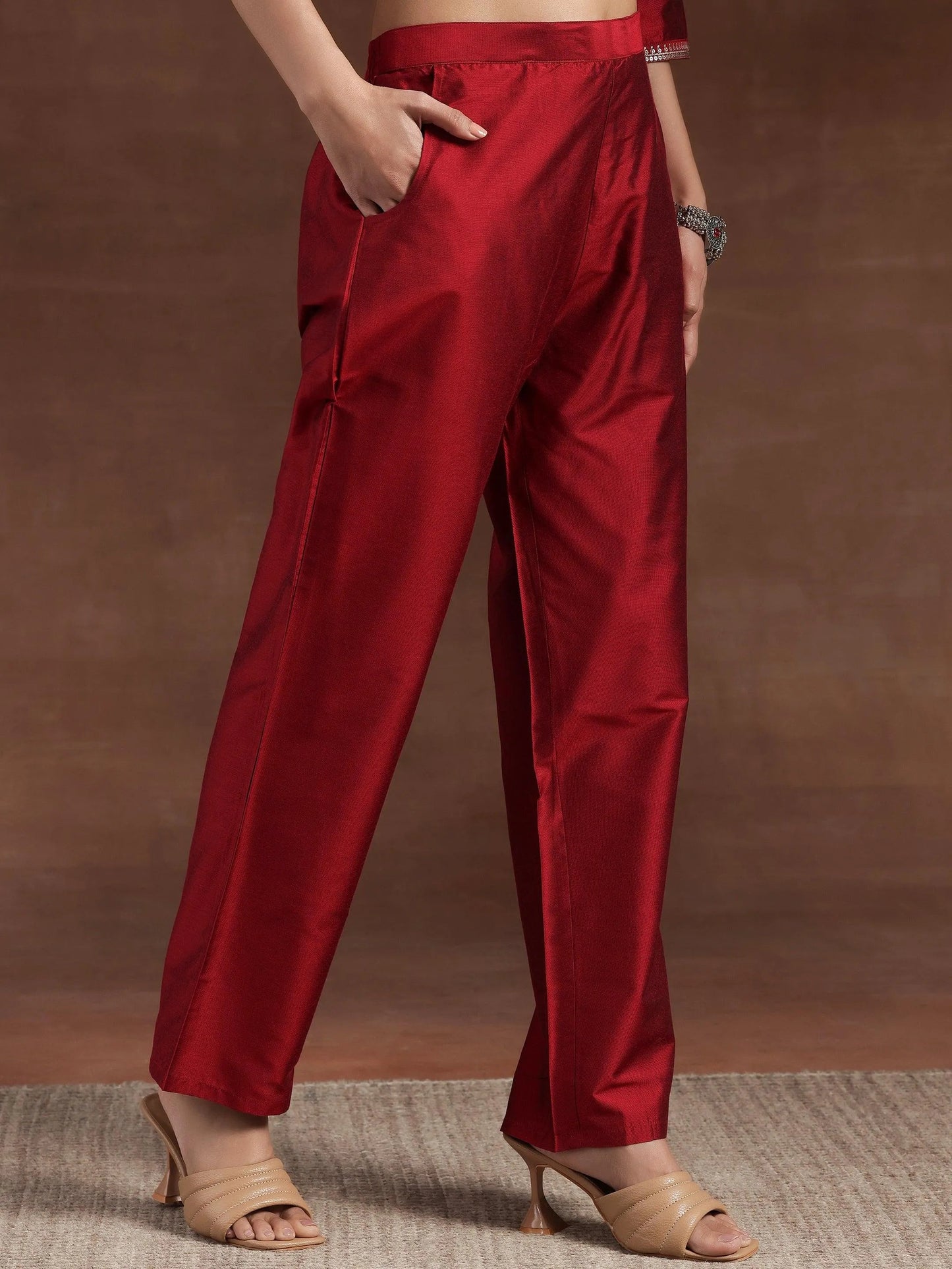 Red Embroidered Silk Blend Straight Suit With Dupatta