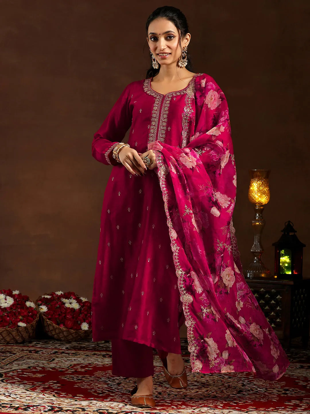 Red Embroidered Silk Blend Straight Suit With Dupatta