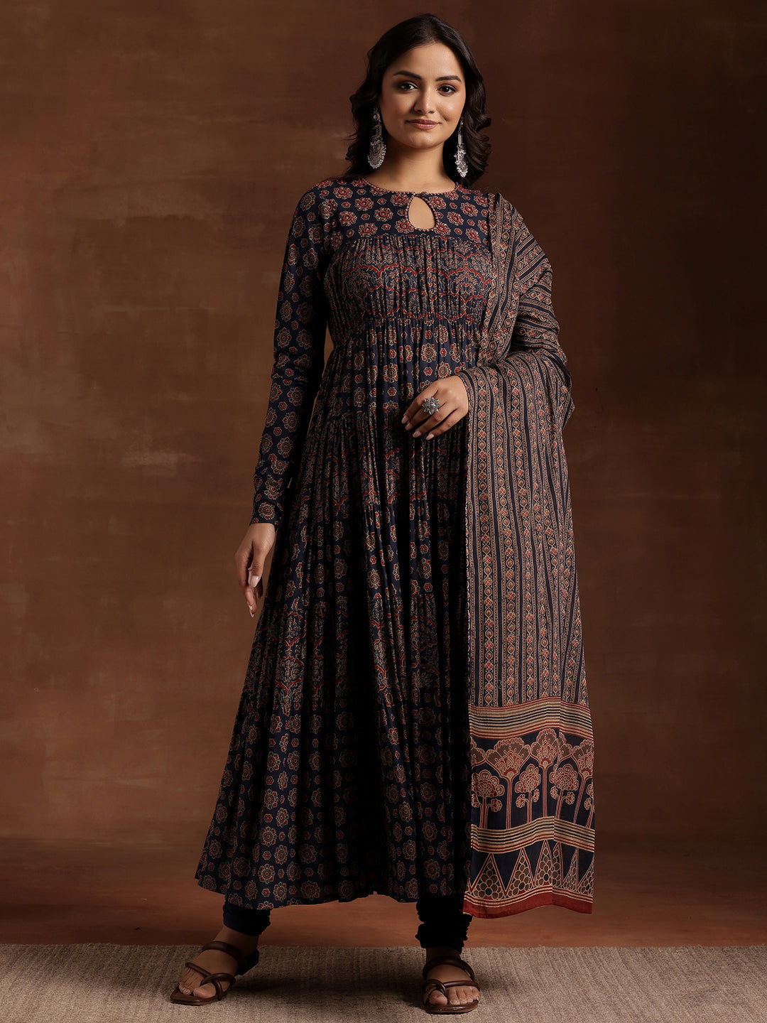 Blue Printed Cotton Anarkali Suit With Dupatta