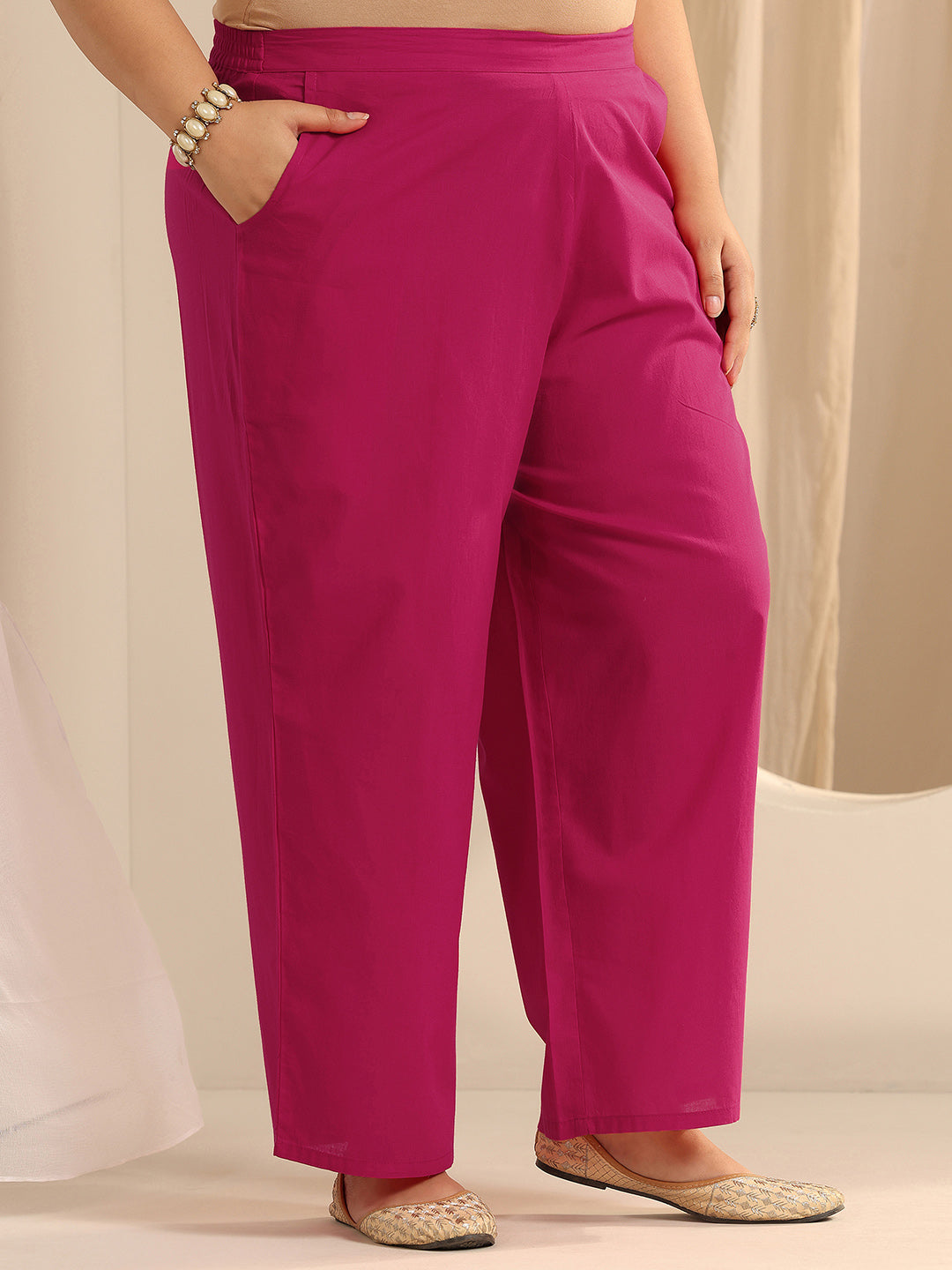 Plus Size Pink Printed Cotton Straight Suit Set With Dupatta