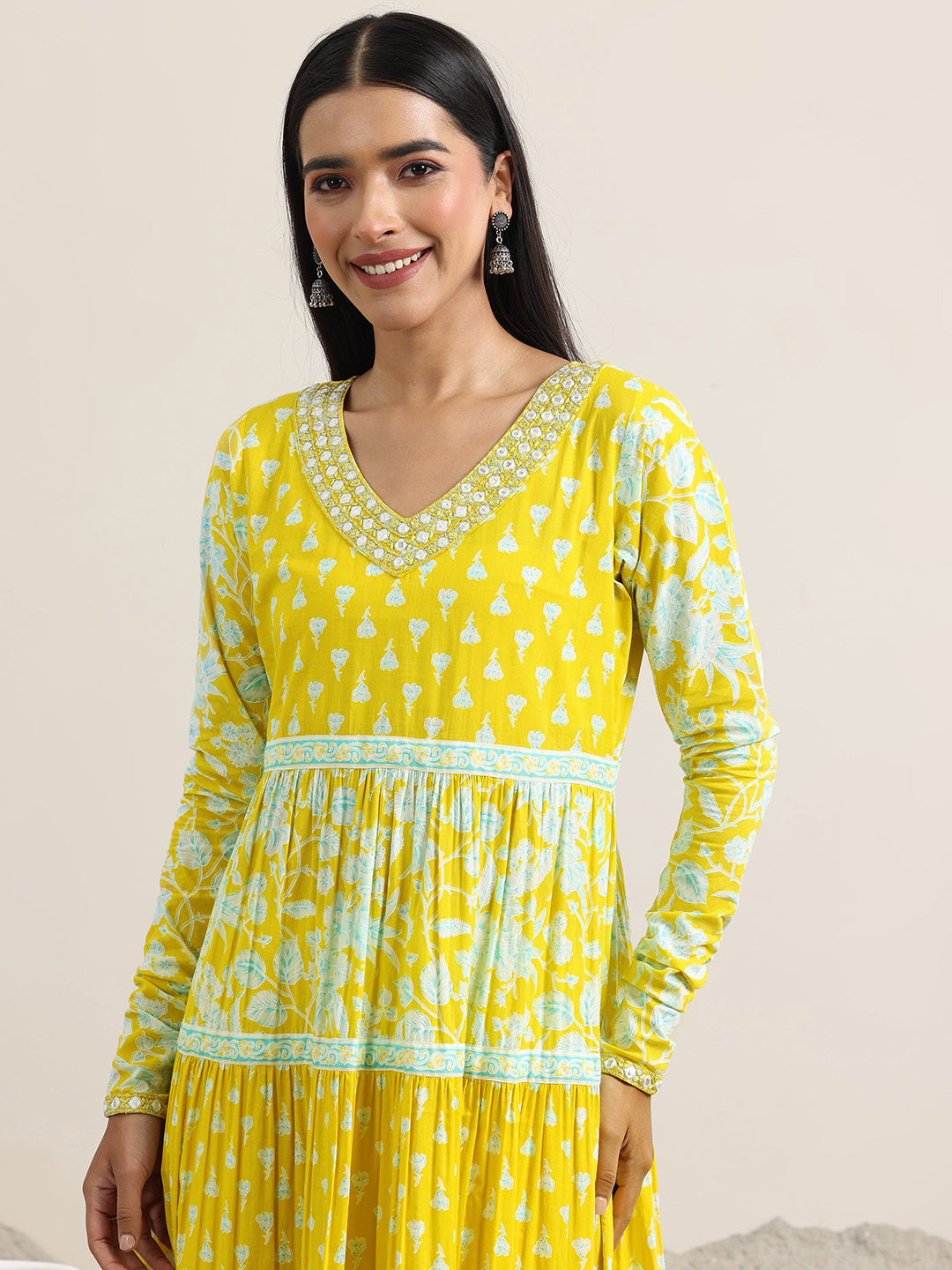Yellow Printed Cotton Anarkali Suit With Dupatta