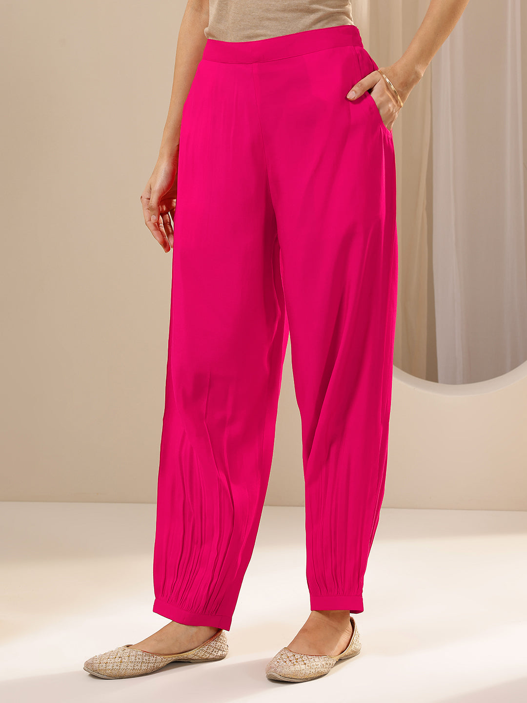 Pink Solid Silk Blend Straight Suit Sets With Dupatta