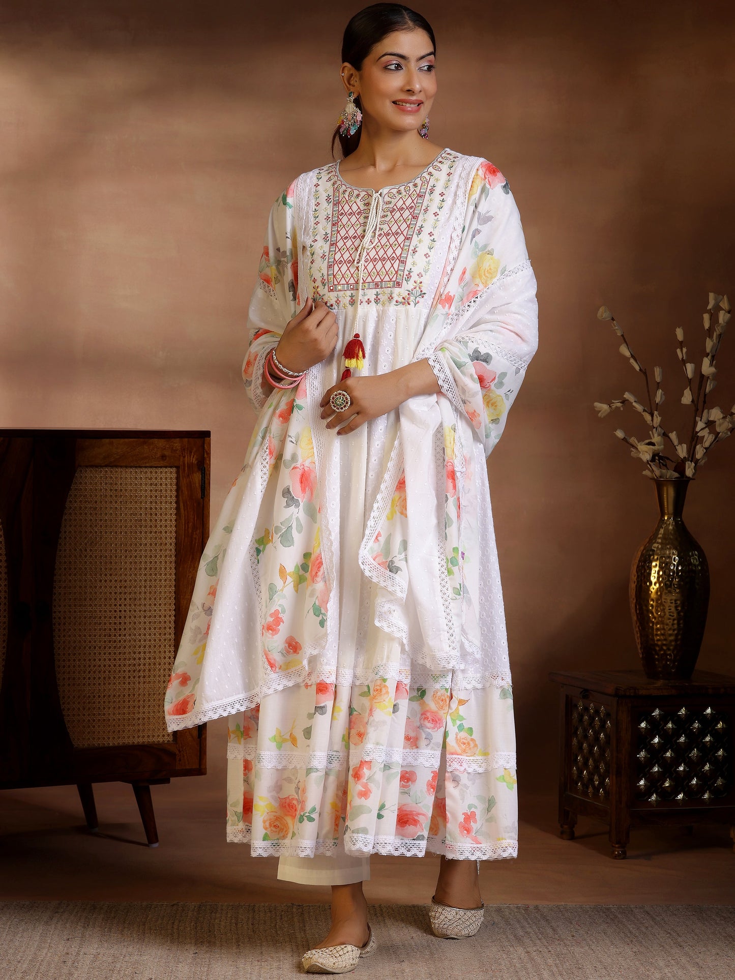 White Self Design Cotton Anarkali Suit With Dupatta