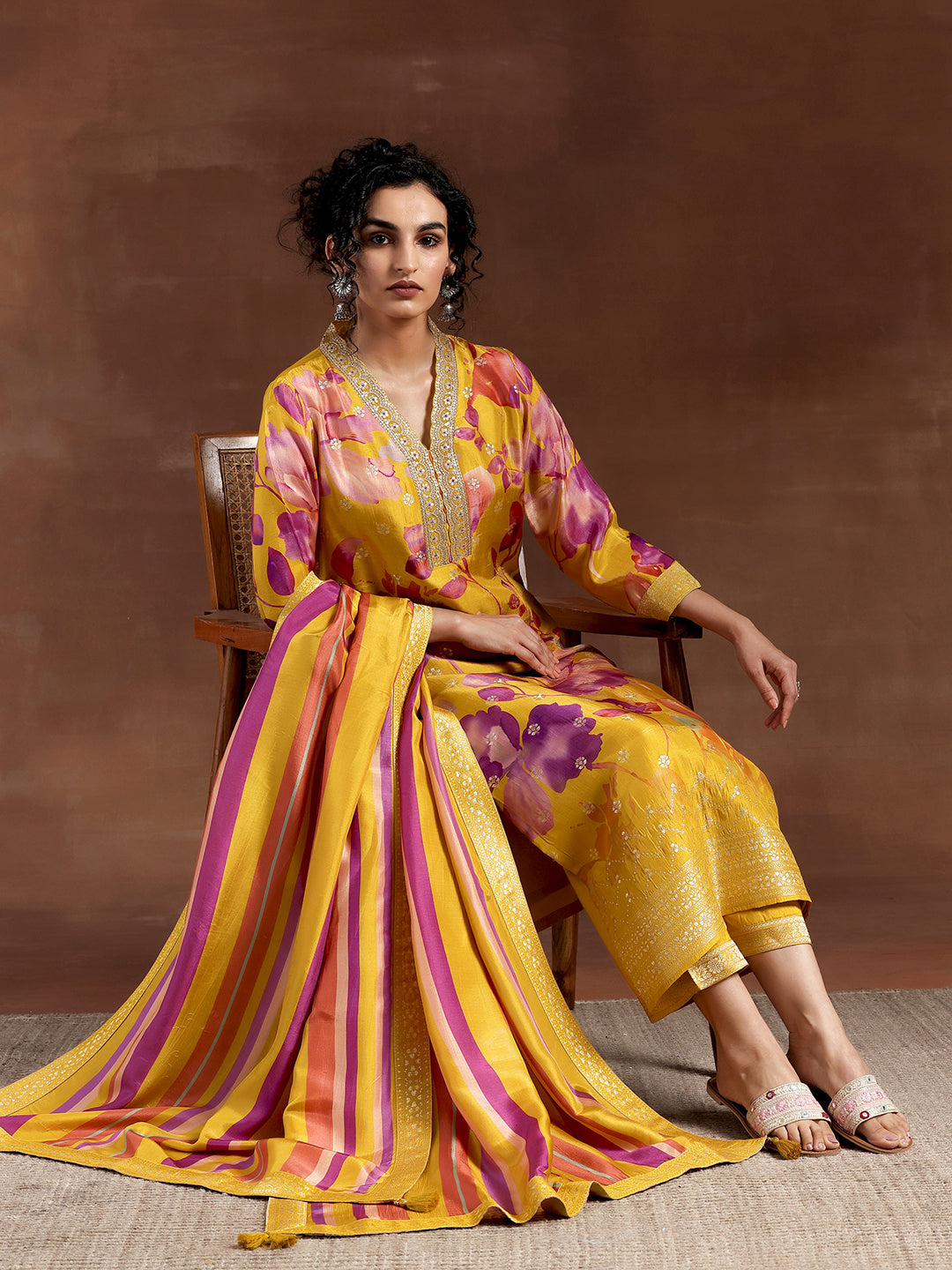 Mustard Printed Silk Blend Straight Suit With Dupatta