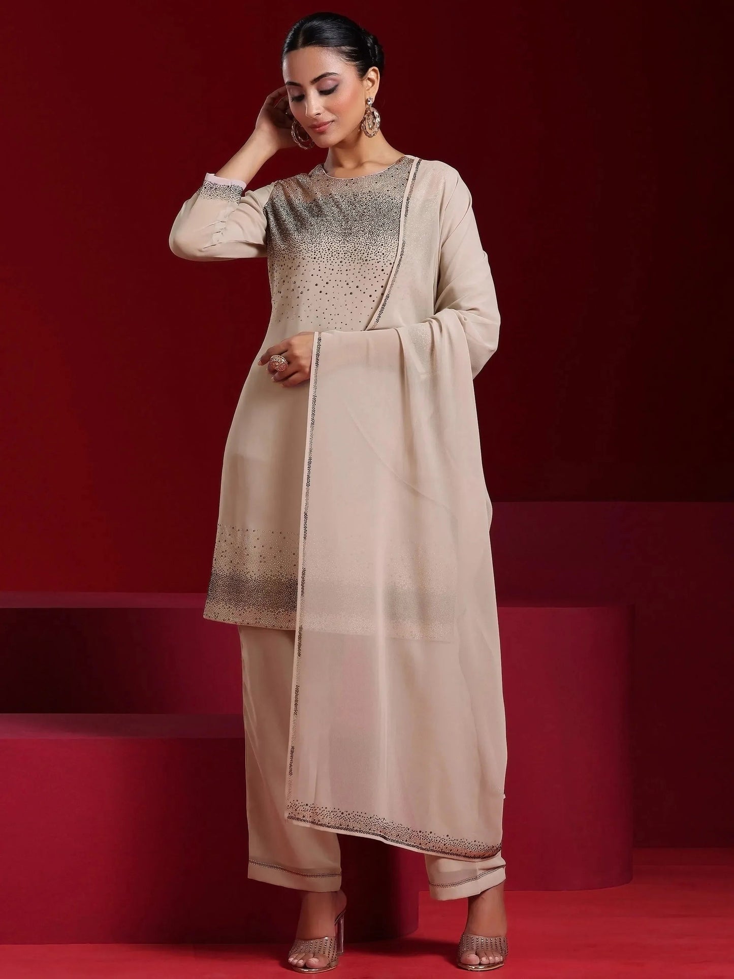 Libas Art Taupe Solid Georgette Straight Suit With Dupatta