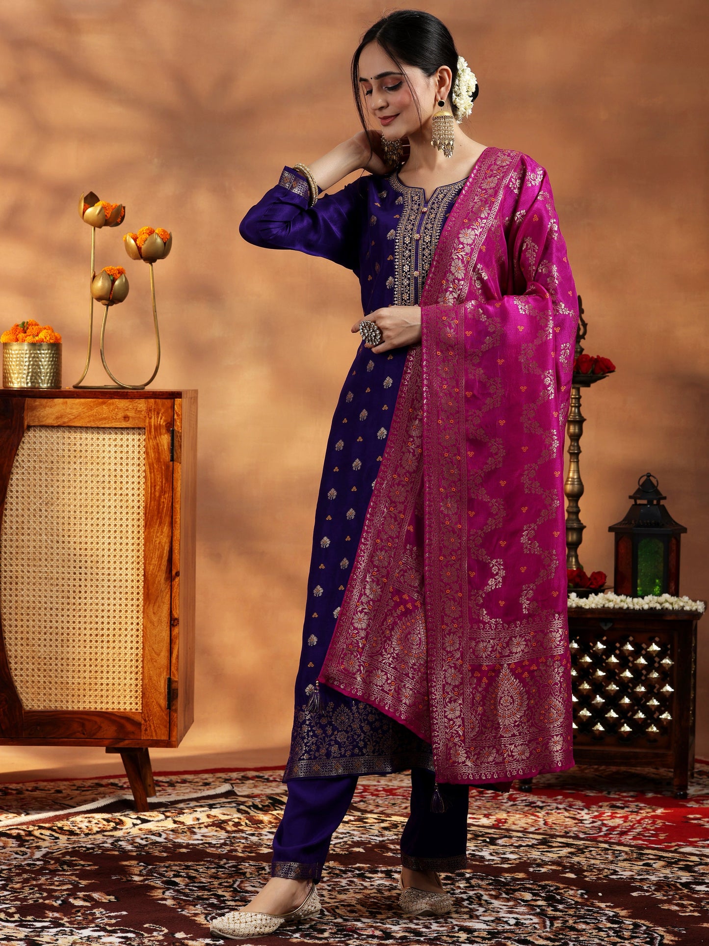 Purple Woven Design Silk Blend Straight Suit With Dupatta