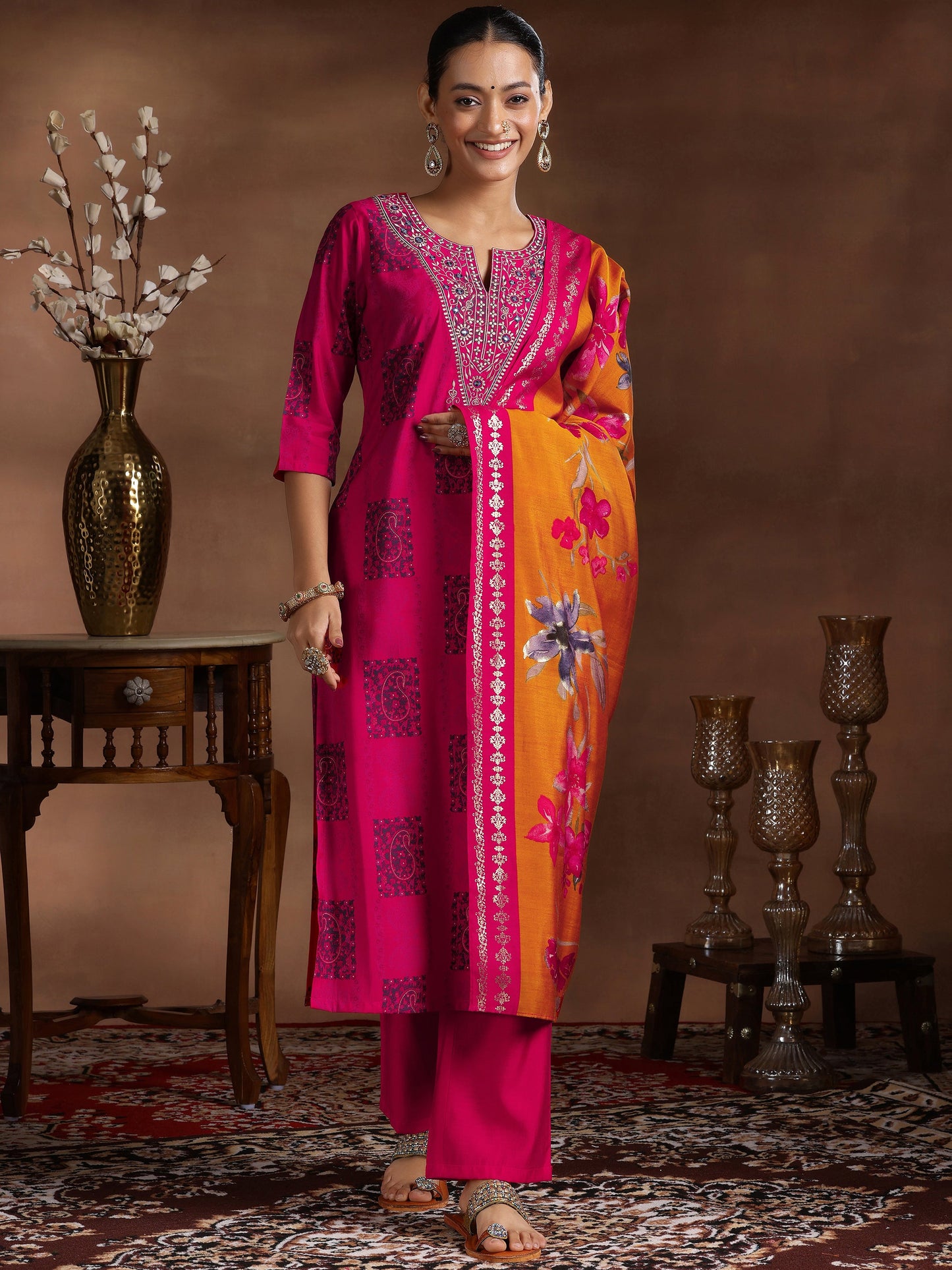 Pink Printed Silk Blend Straight Suit With Dupatta