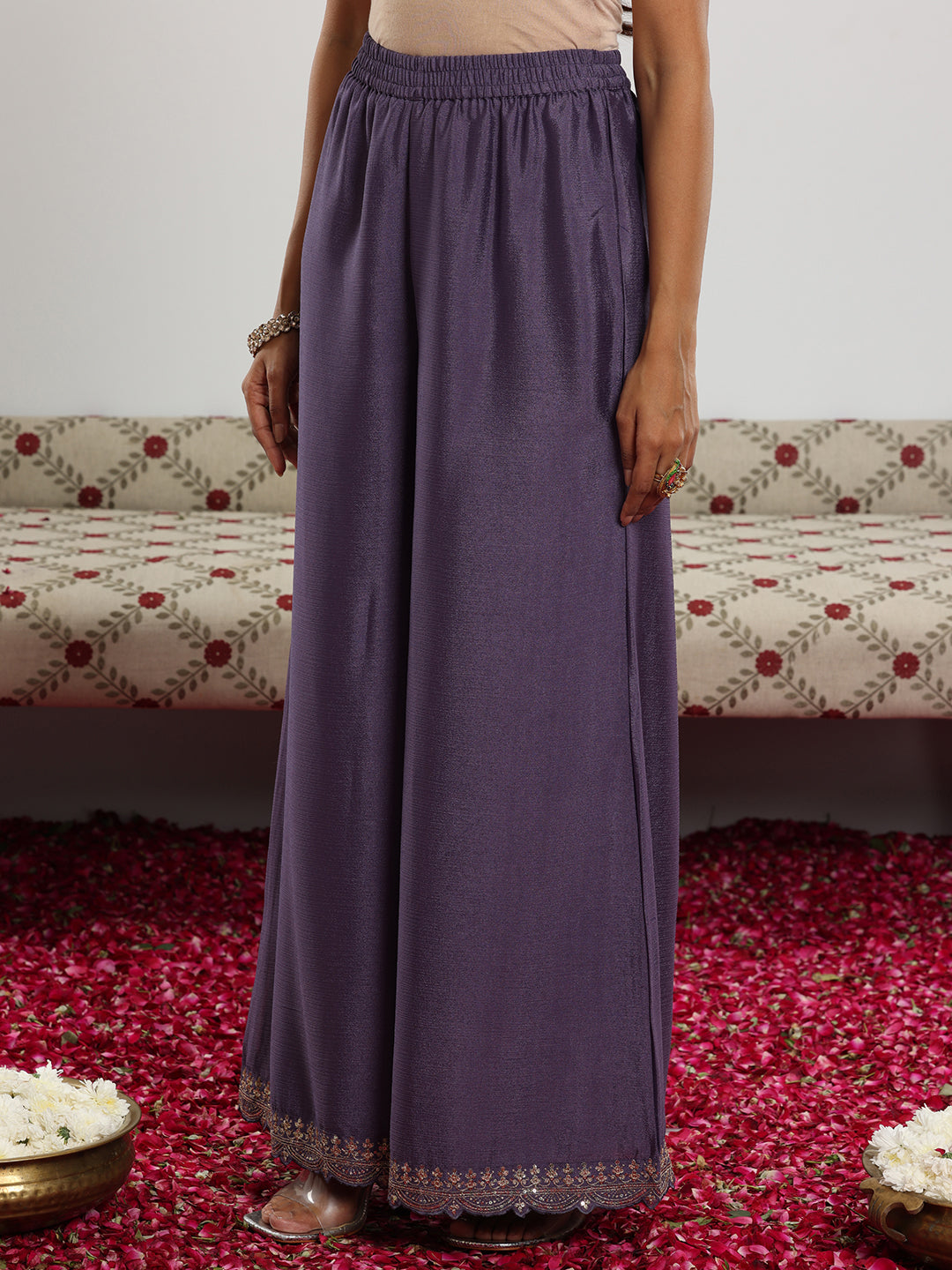 Purple Embroidered Silk Blend Straight Suit With Dupatta