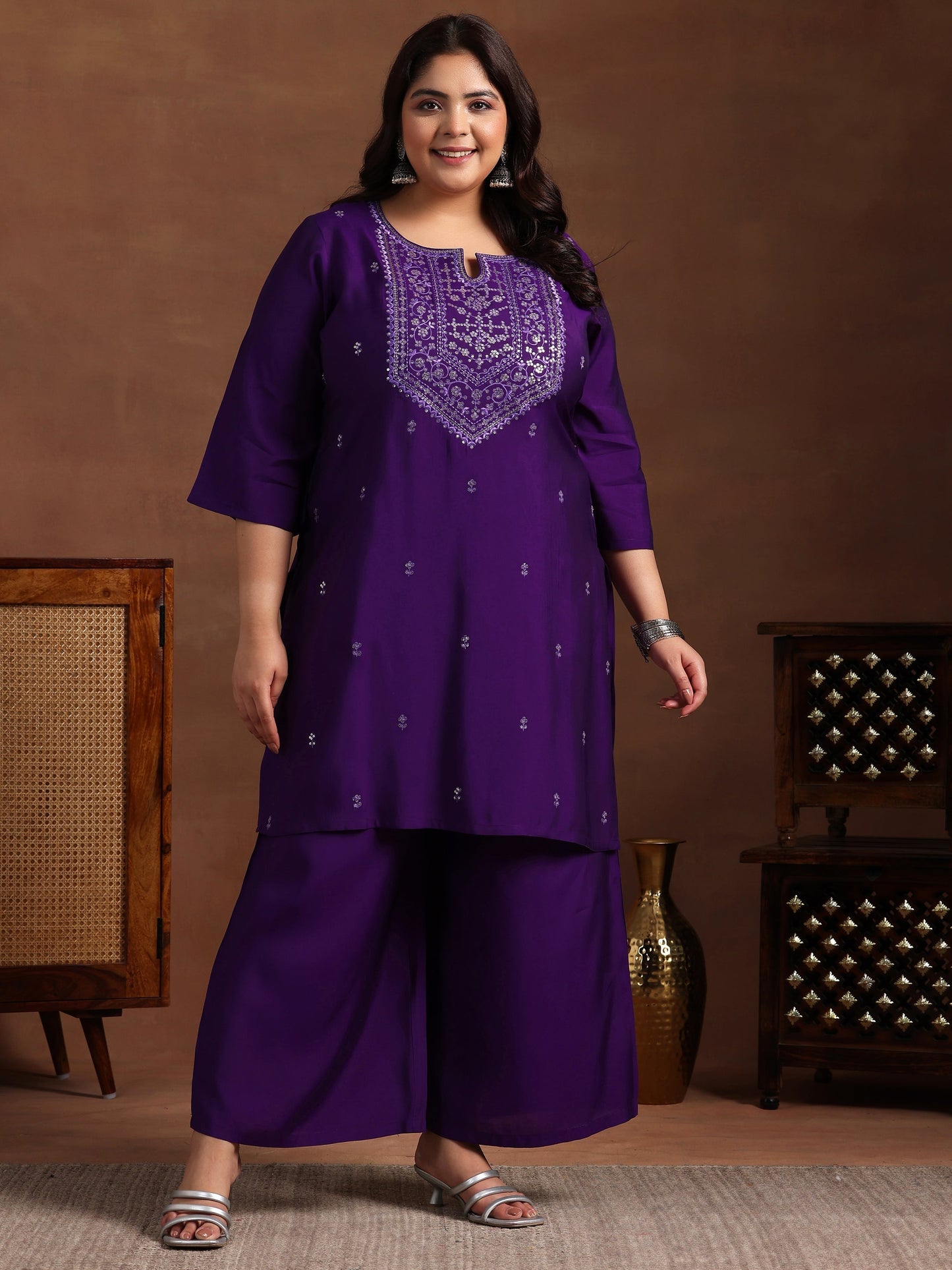 Plus Size Purple Yoke Design Silk Blend Straight Kurta Set