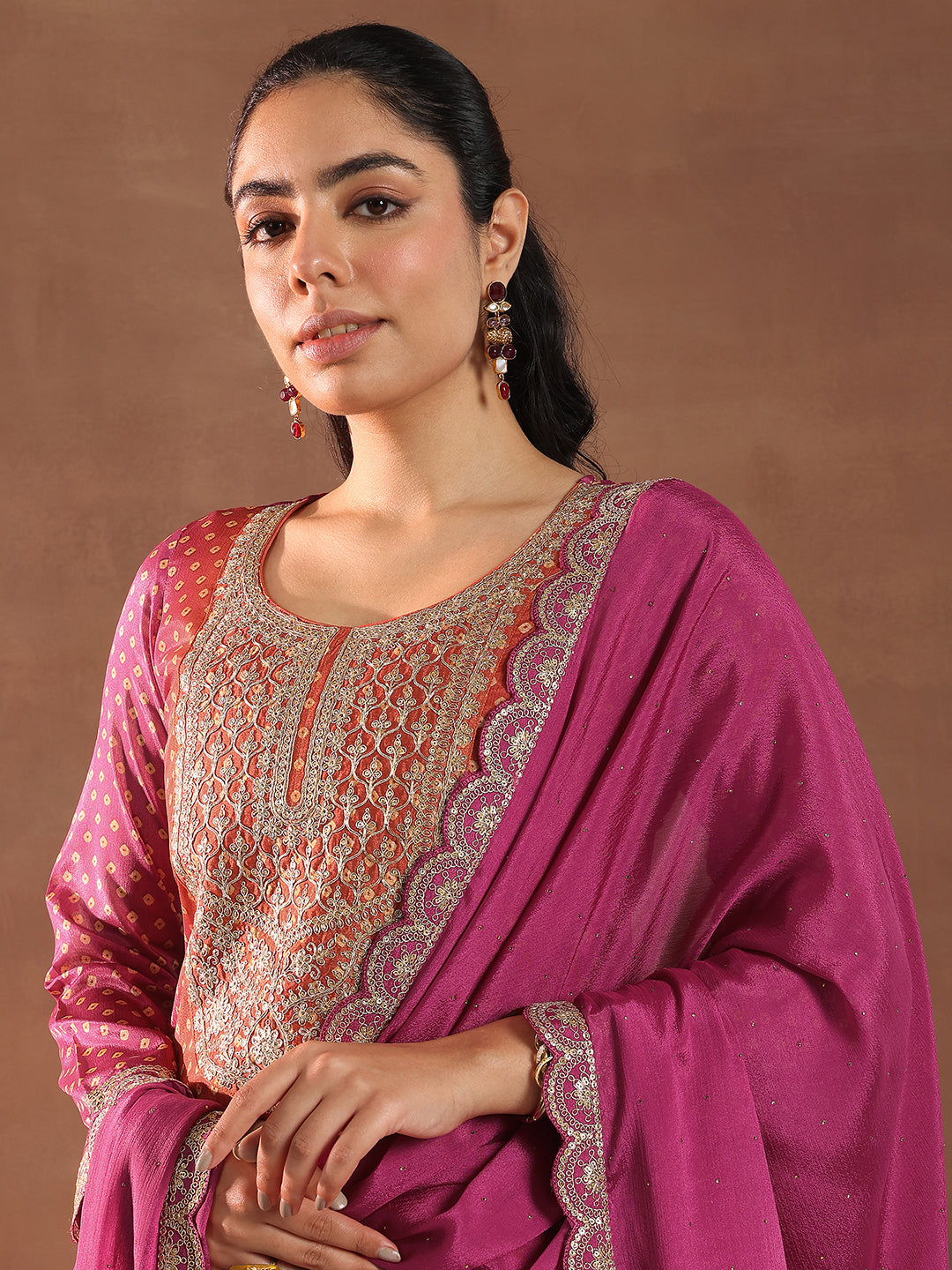 Pink Printed Silk Blend Straight Suit With Dupatta