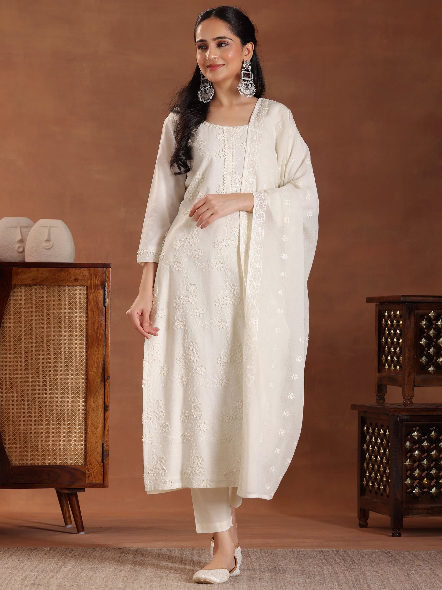 Off White Embroidered Cotton Straight Suit With Dupatta