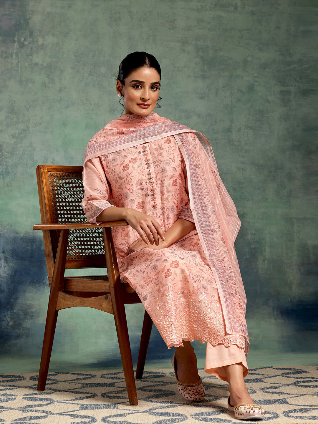 Peach Printed Chanderi Silk Straight Suit Set With Dupatta