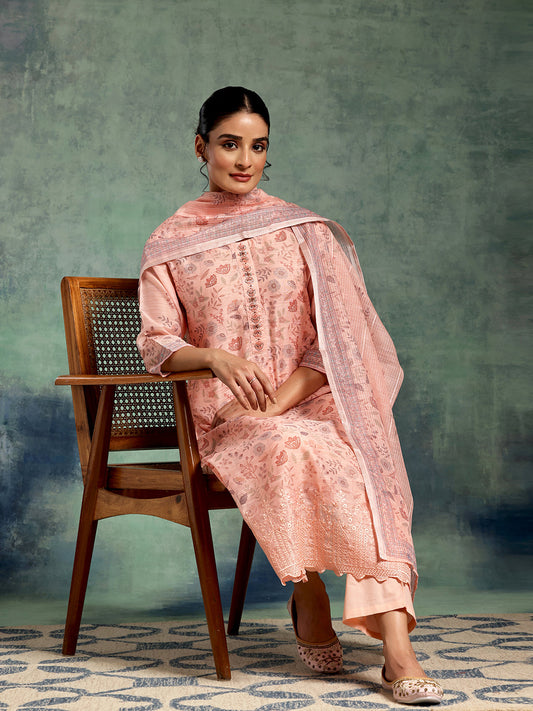 Peach Printed Chanderi Silk Straight Suit Set With Dupatta