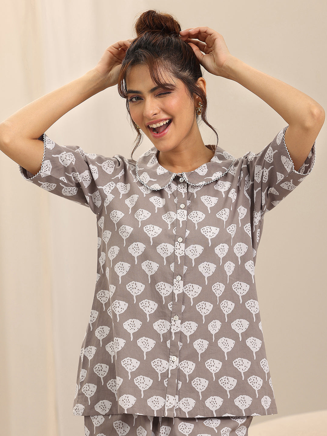 Grey Printed Cotton Night Suits