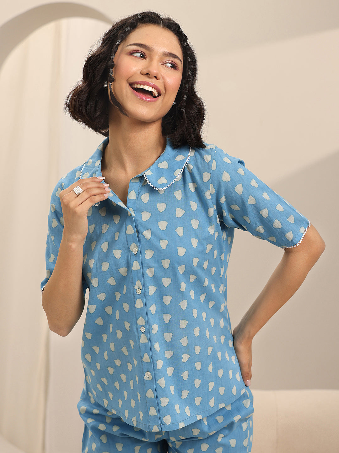 Blue Printed Cotton Night Suits