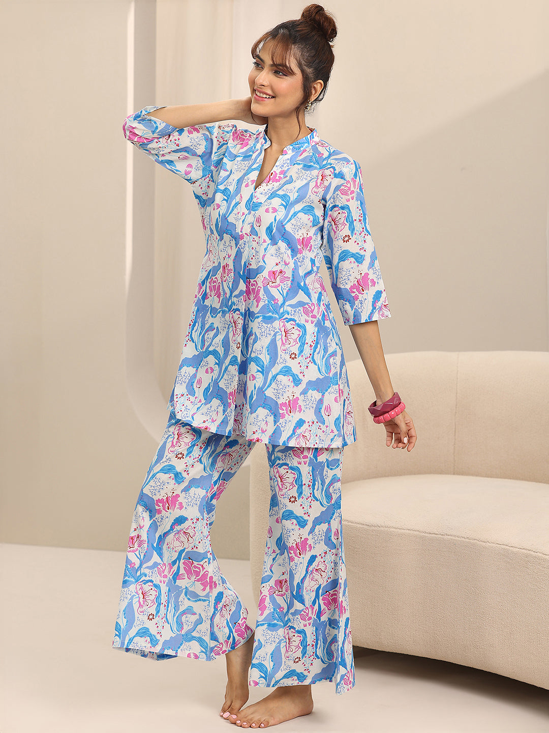 Off white Printed Cotton Night Suits