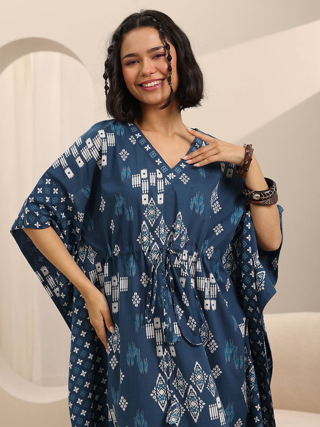 Blue Printed Cotton Kaftan Night Dress