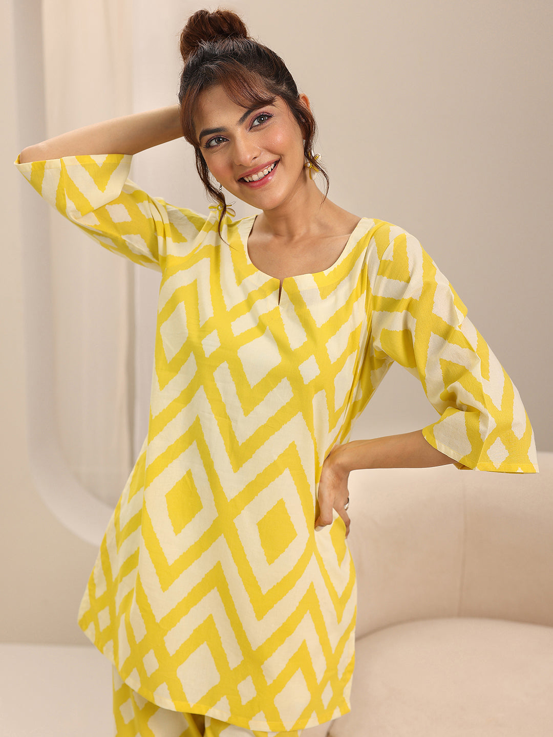 Yellow Printed Cotton Night Suits
