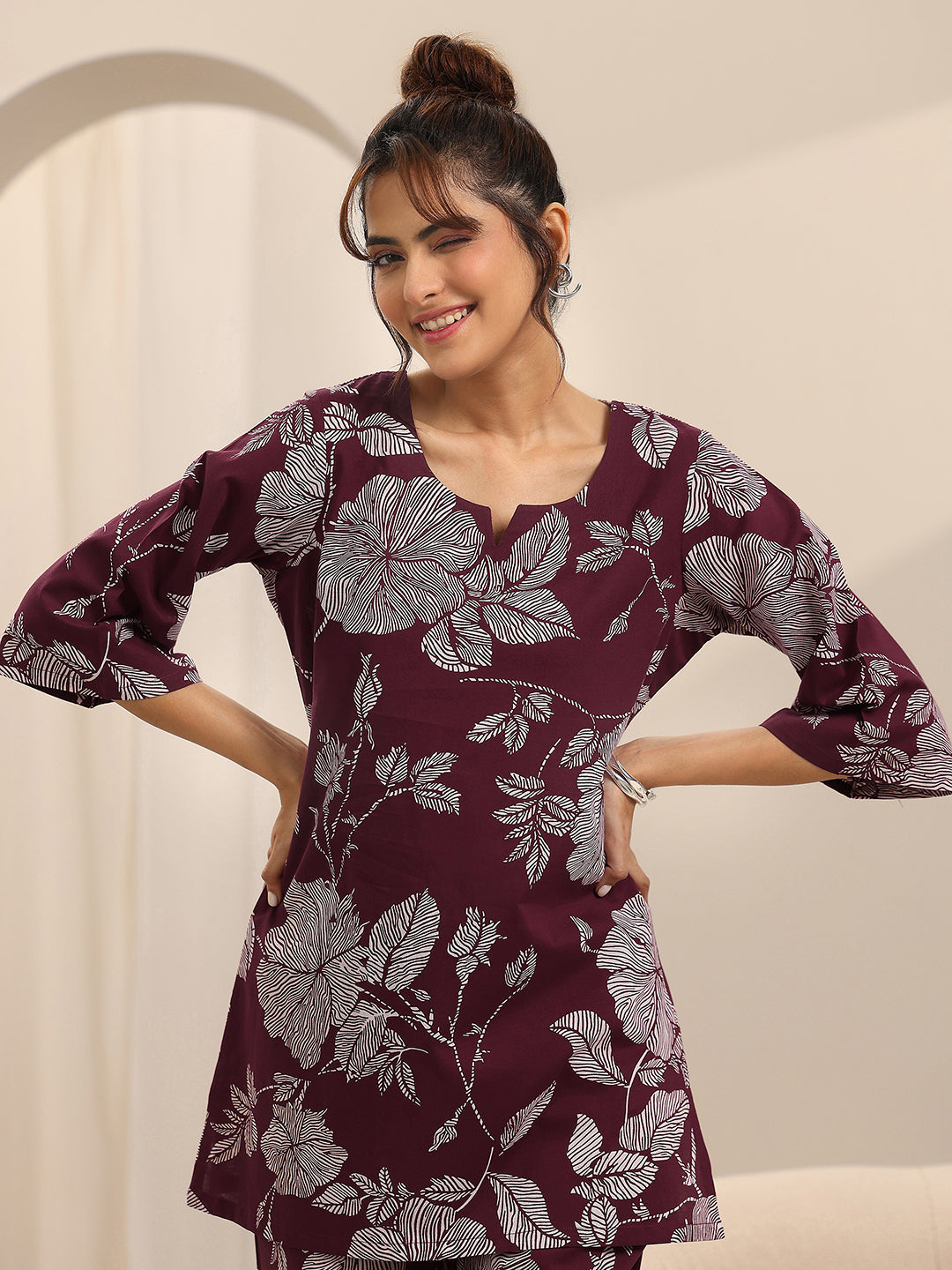 Burgundy Printed Cotton Night Suits