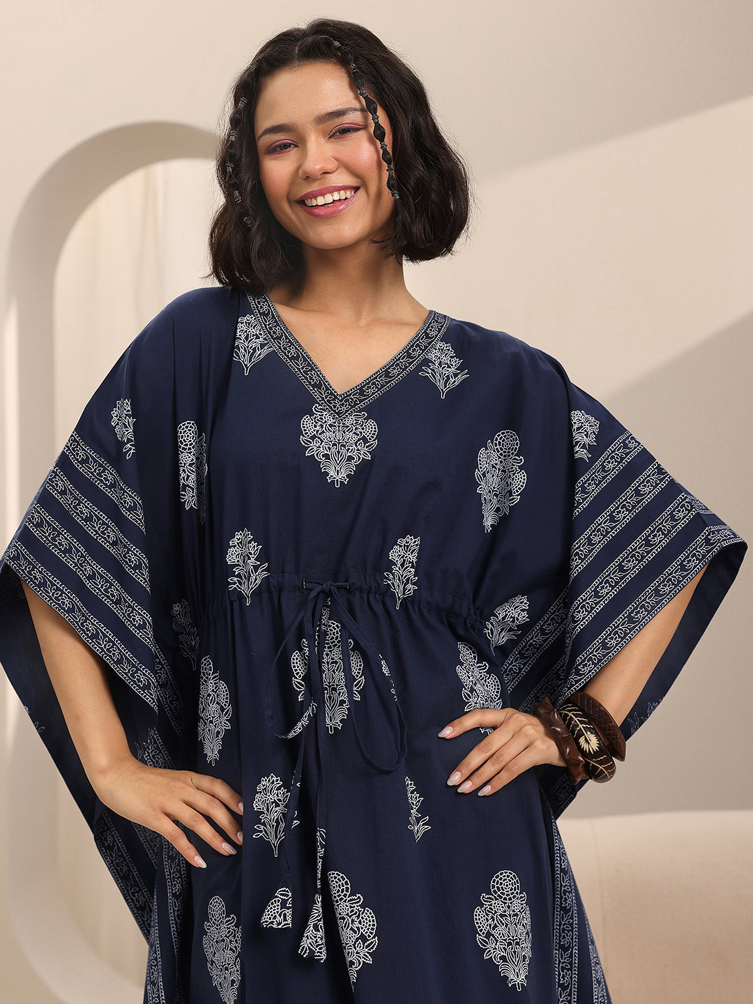 Blue Printed Cotton Kaftan Night Dress