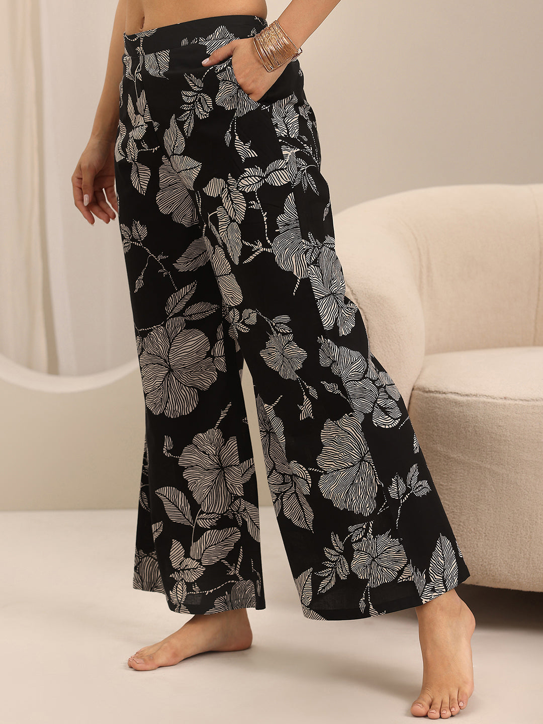 Black Printed Cotton Night Suits