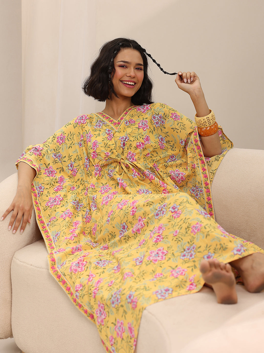 Yellow Printed Cotton Kaftan Night Dress