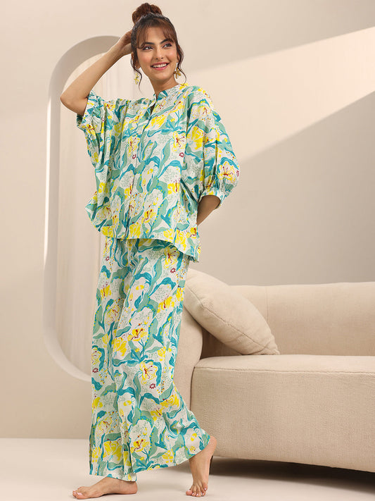 Off White Printed Cotton Night Suits