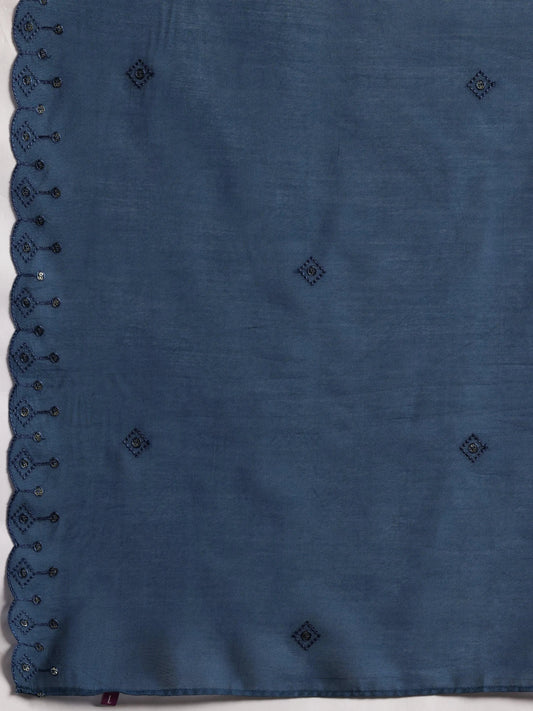 Blue Embroidered Silk Blend Straight Suit With Dupatta