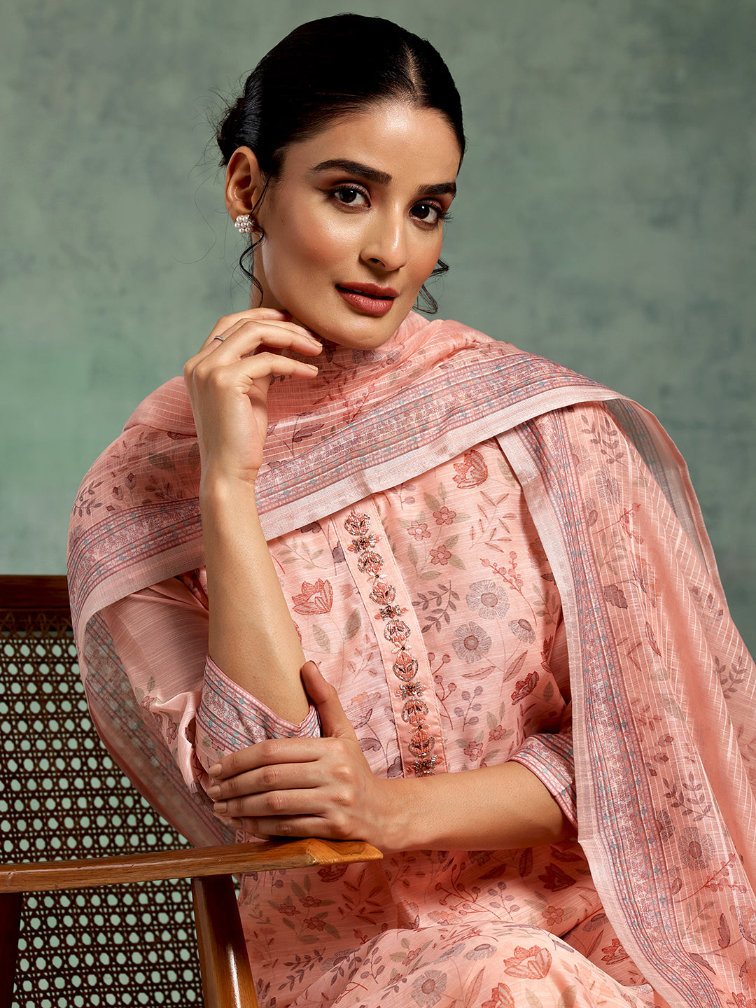 Peach Printed Chanderi Silk Straight Suit Set With Dupatta