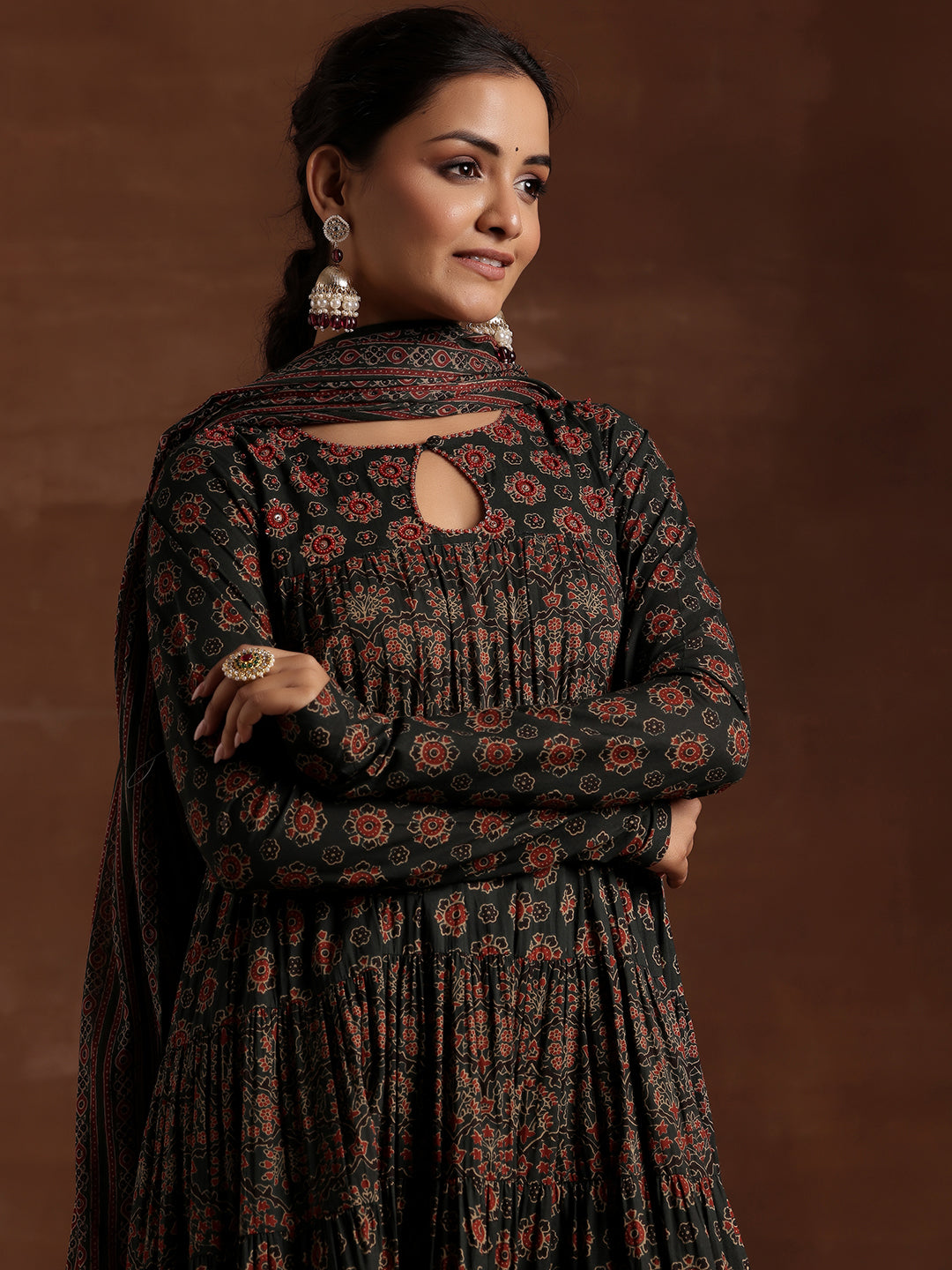 Green Printed Cotton Anarkali Suit With Dupatta