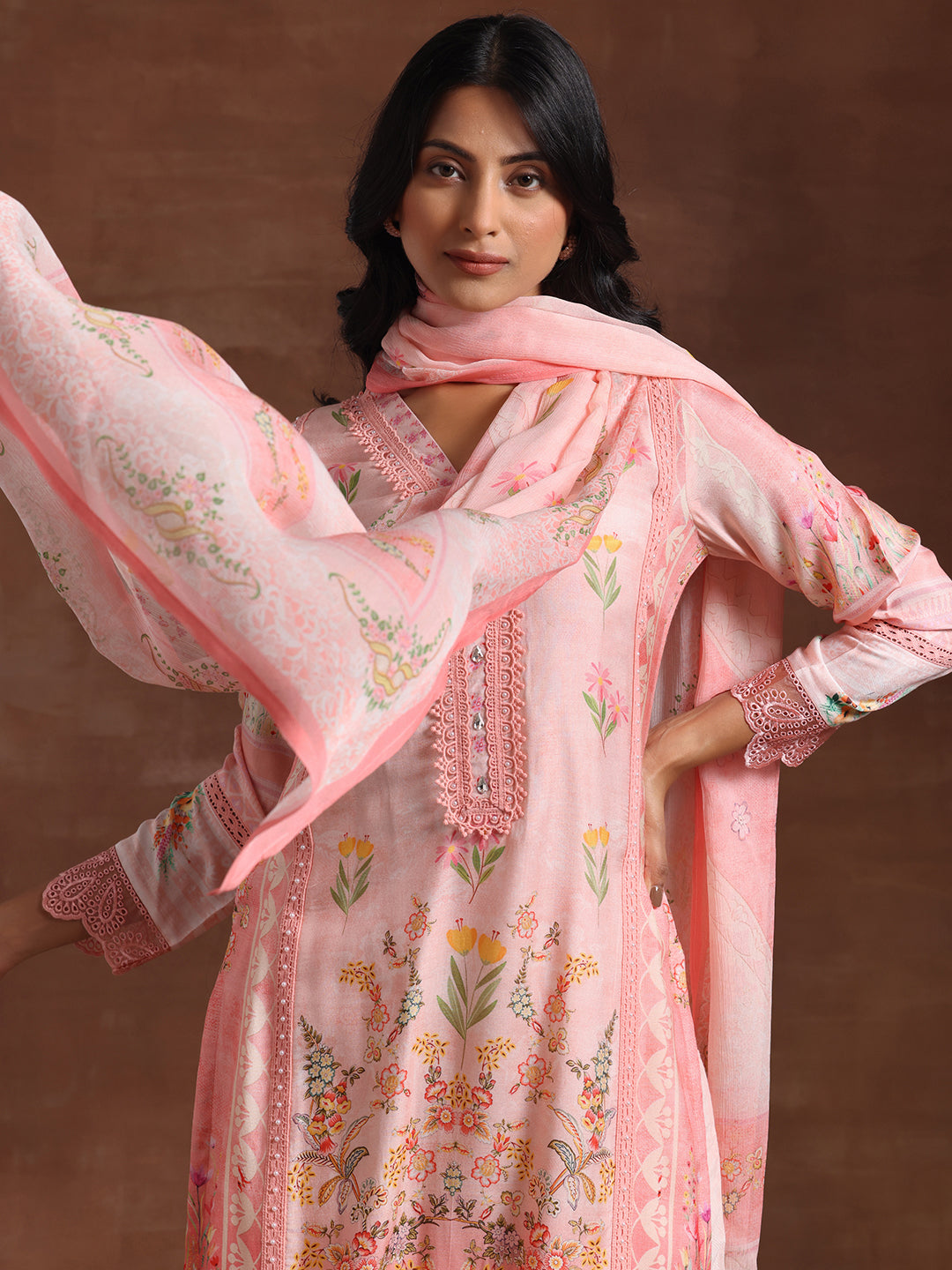 Pink Printed Silk Blend Straight Suit With Dupatta