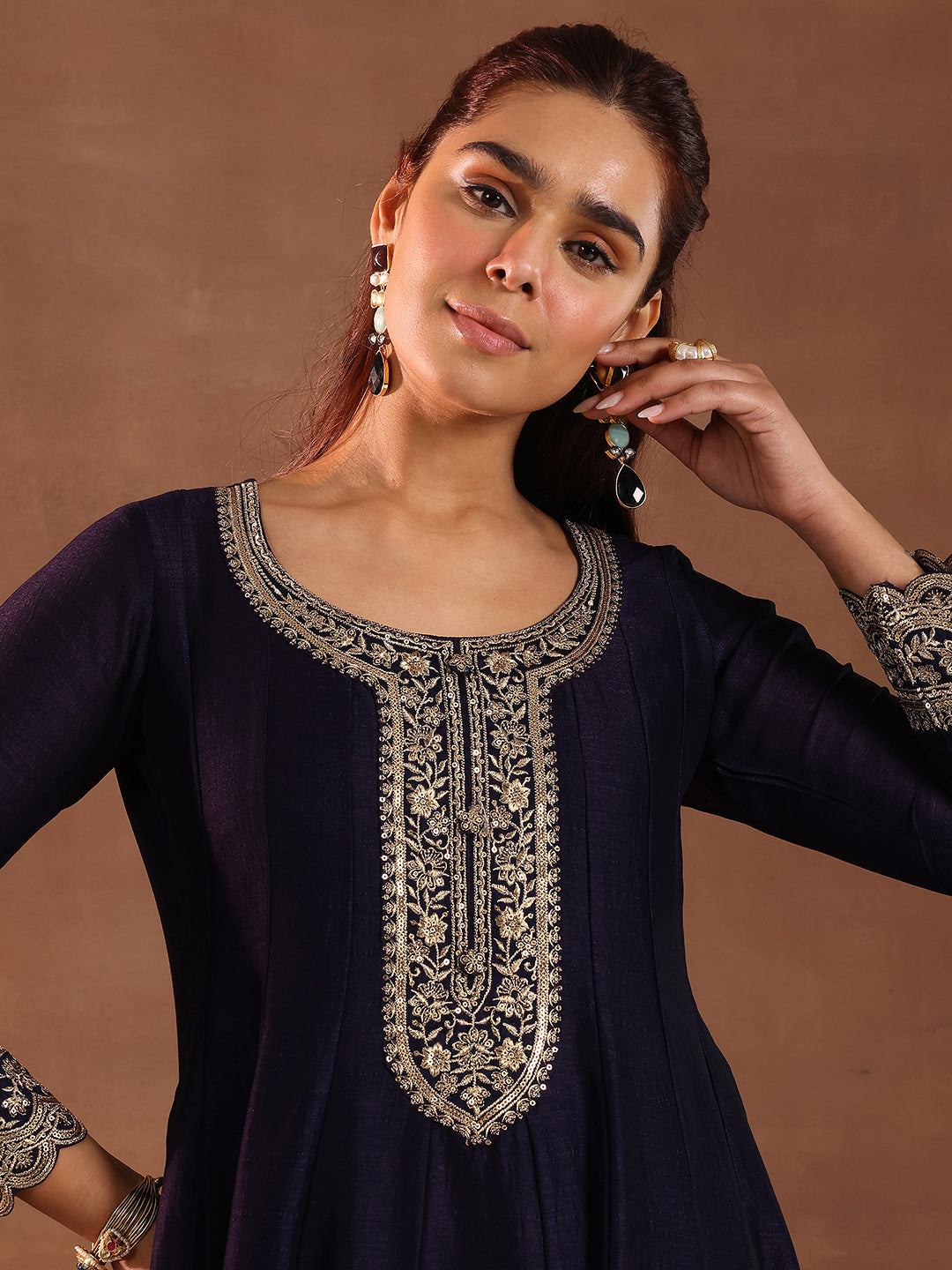 Purple Embroidered Silk Blend Anarkali Suit With Dupatta