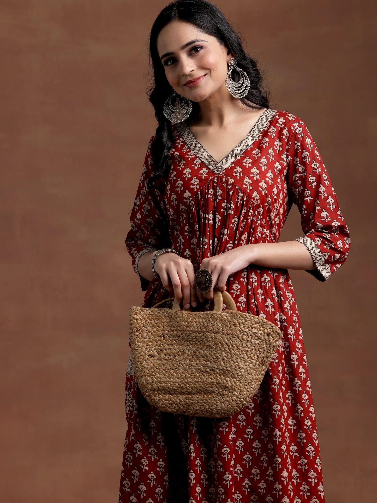 Rust Printed Cotton A-Line Kurta With Palazzos