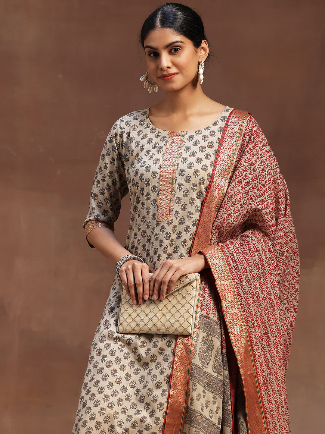 Beige Printed Cotton Straight Suit With Dupatta