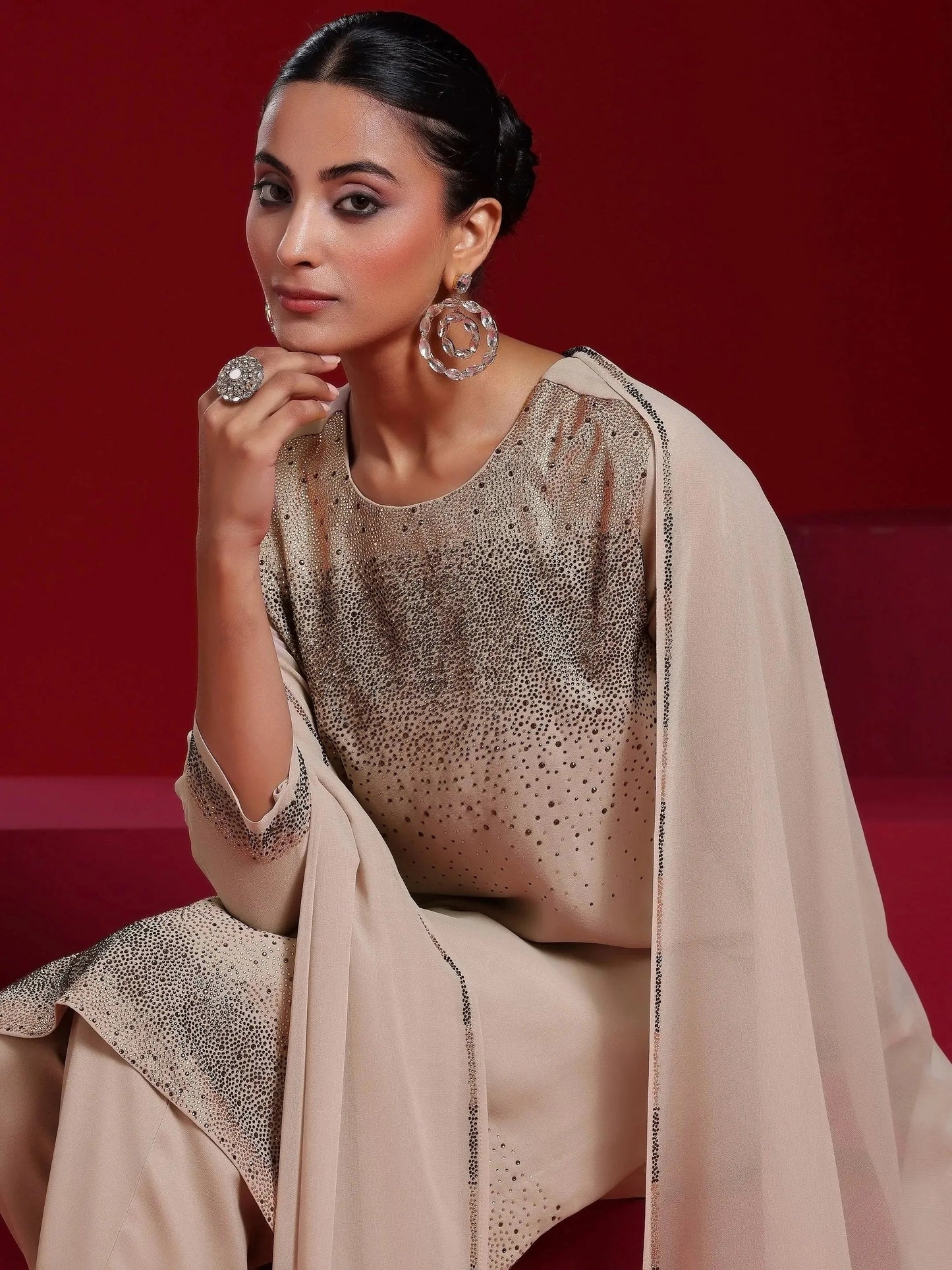 Libas Art Taupe Solid Georgette Straight Suit With Dupatta