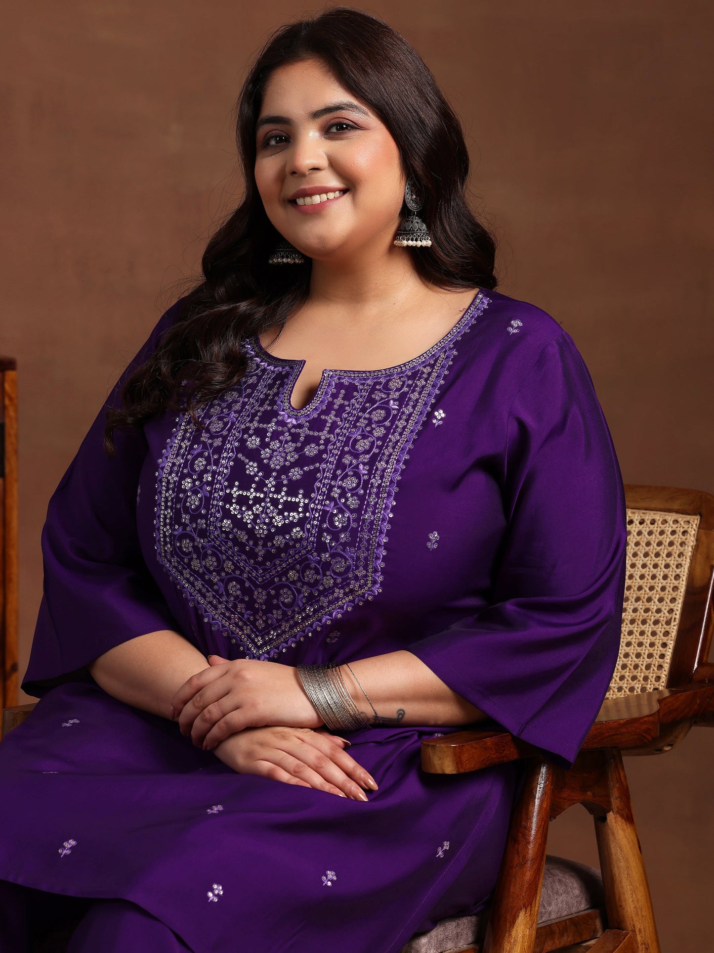 Plus Size Purple Yoke Design Silk Blend Straight Kurta Set