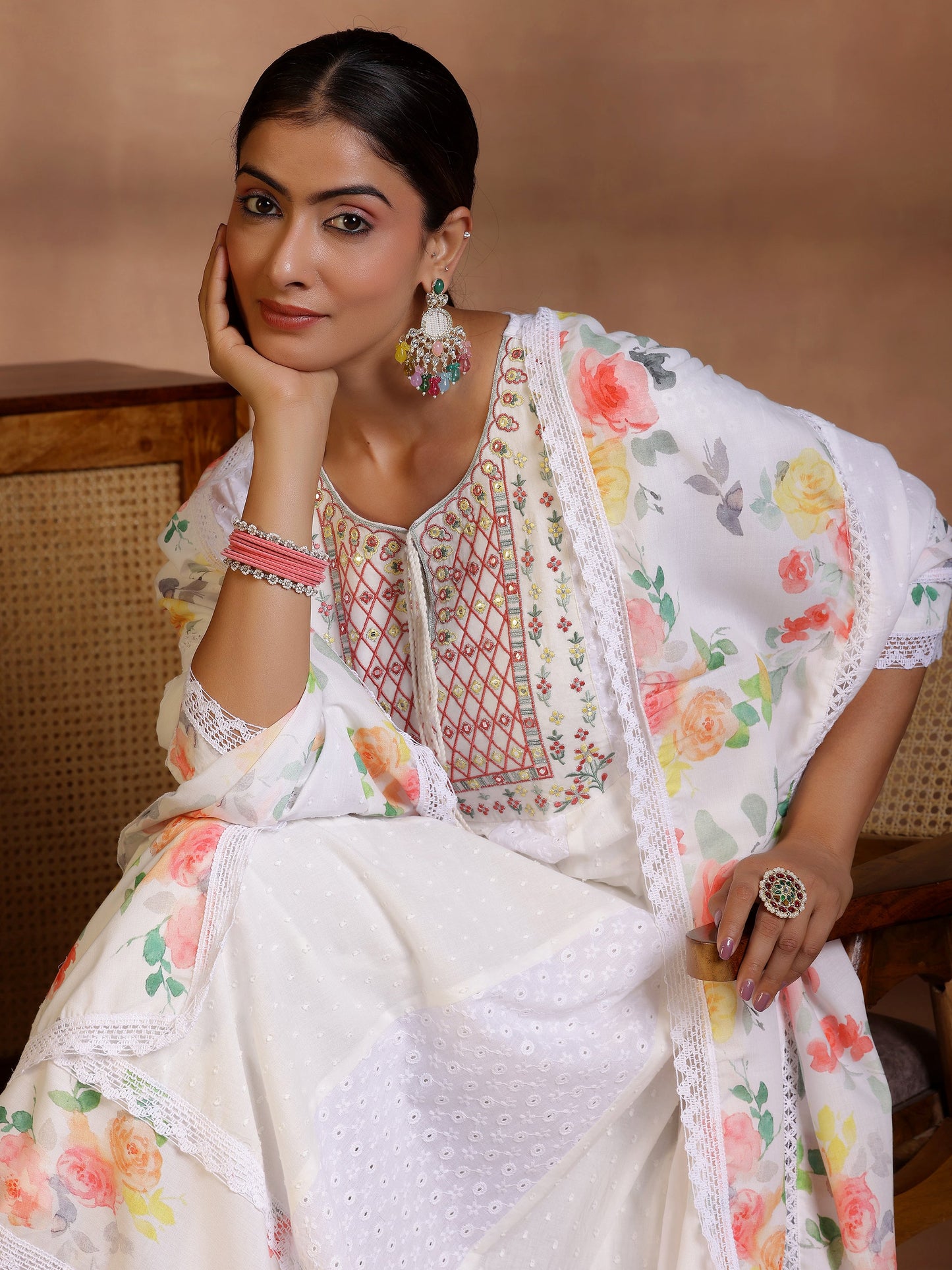 White Self Design Cotton Anarkali Suit With Dupatta