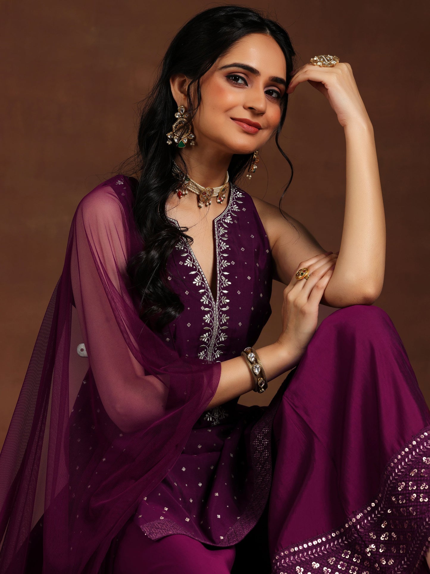 Wine Embroidered Silk Blend Straight Suit With Dupatta