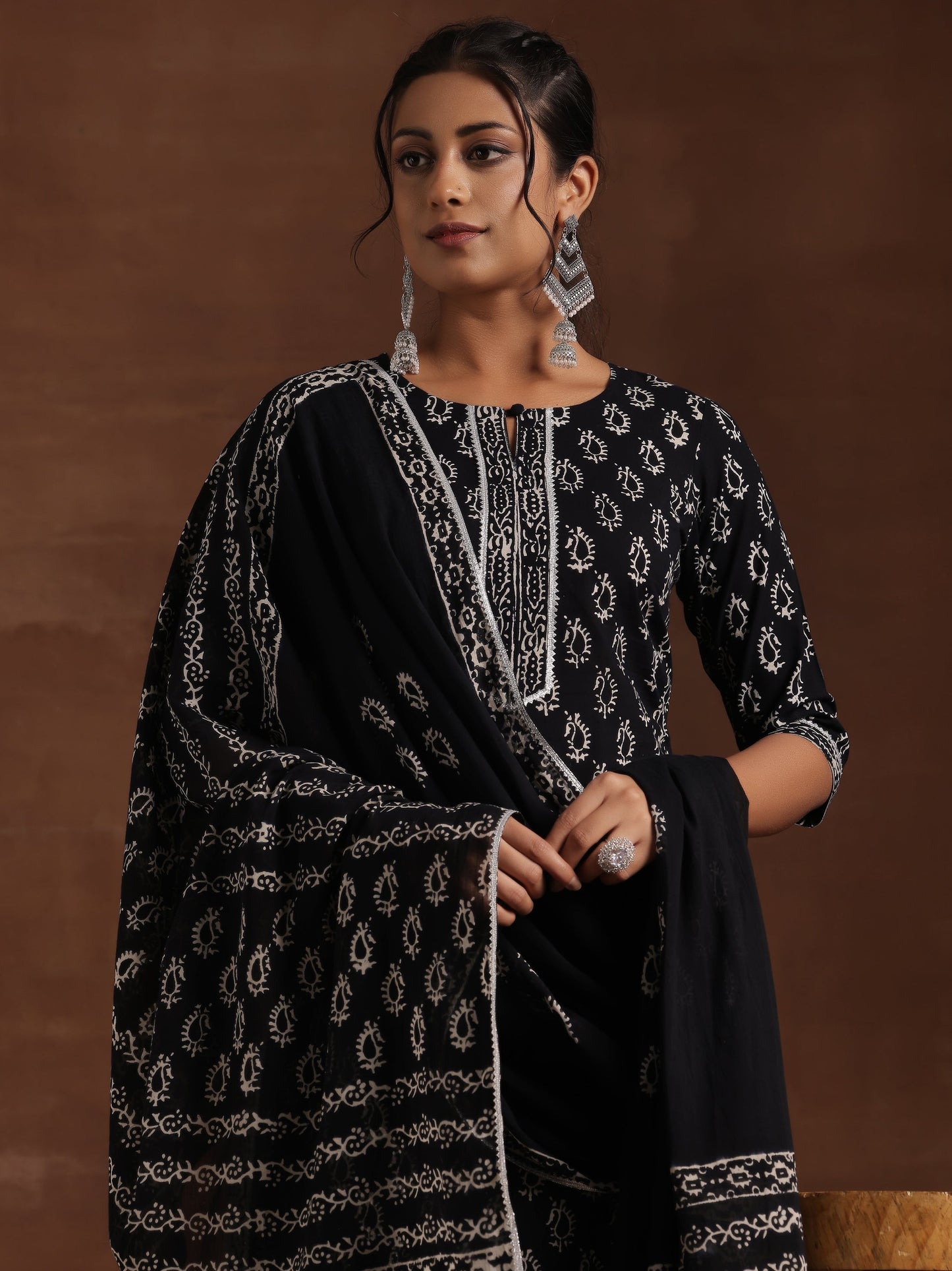 Black Printed Cotton Straight Suit With Dupatta
