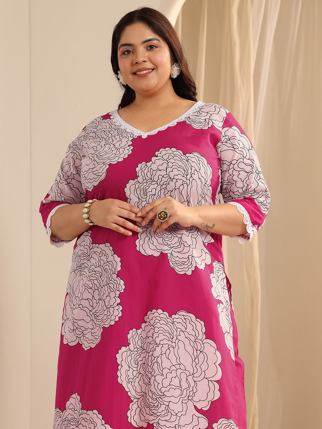 Plus Size Pink Printed Cotton Straight Suit Set With Dupatta