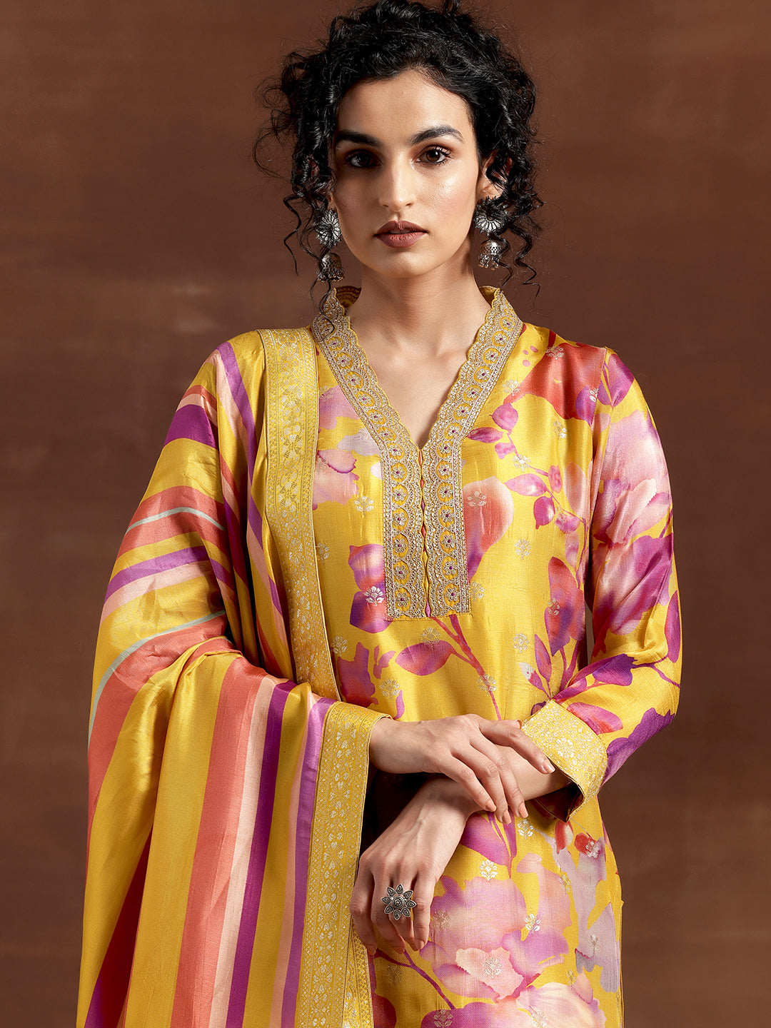 Mustard Printed Silk Blend Straight Suit With Dupatta