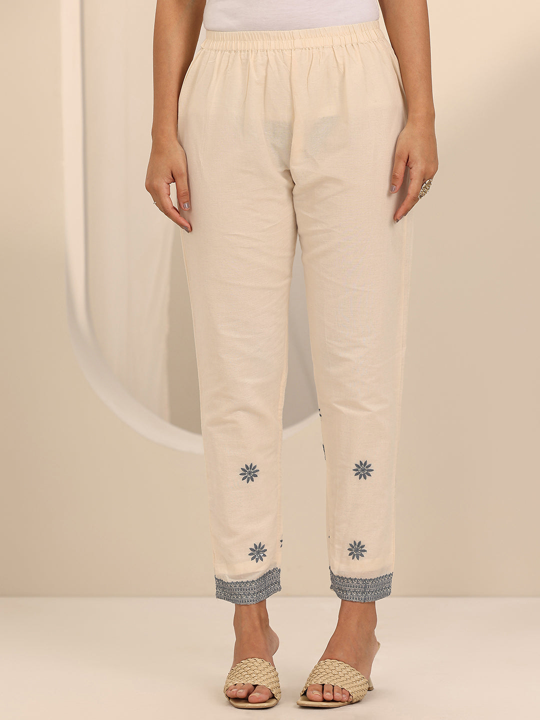 Off White Embroidered Cotton Straight Suit Set With Dupatta