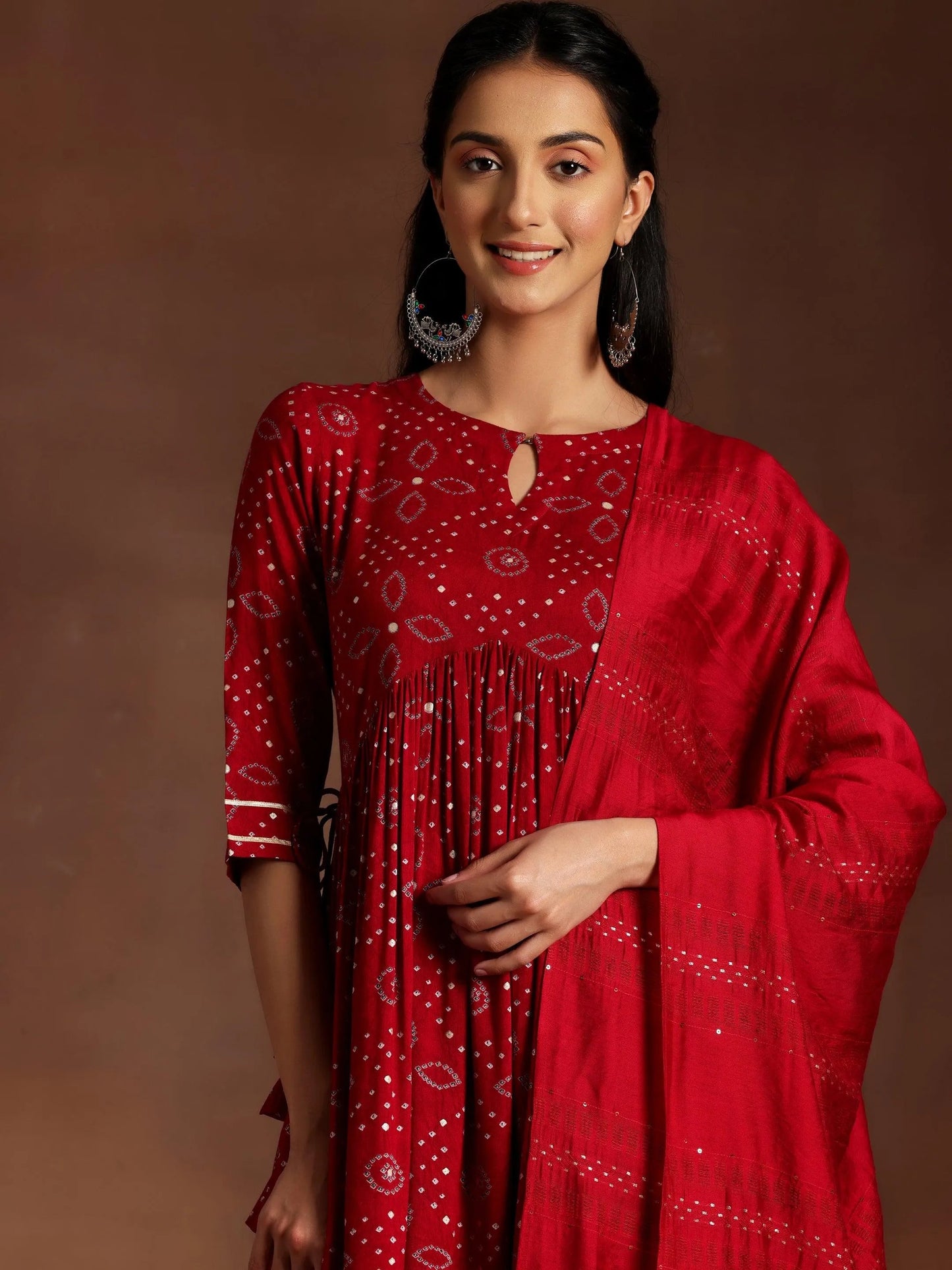 Zainab Red Printed Rayon A-Line Kurta With Palazzos & Dupatta