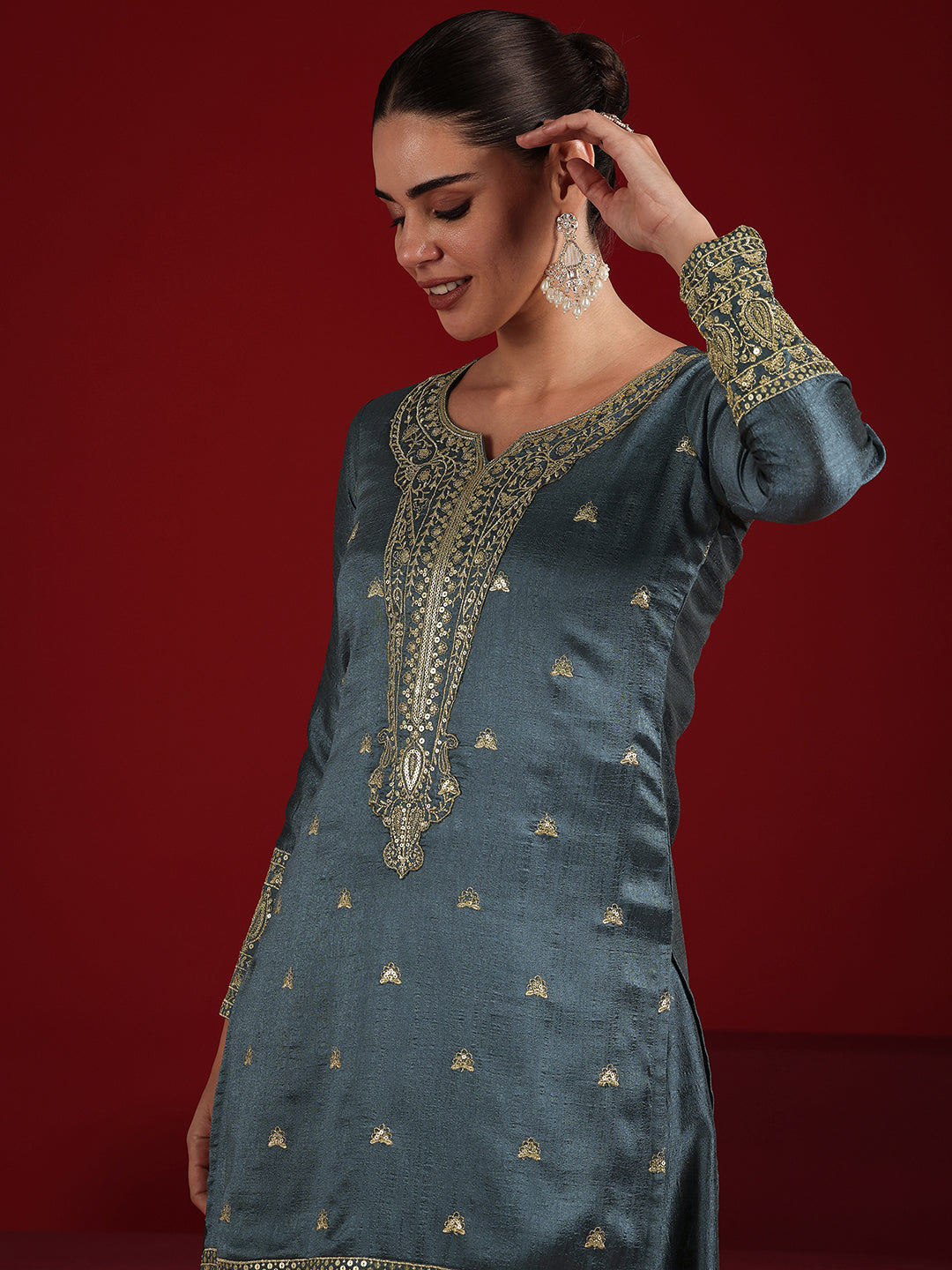 Libas Art Blue Embroidered Silk Blend Straight Suit Set With Dupatta