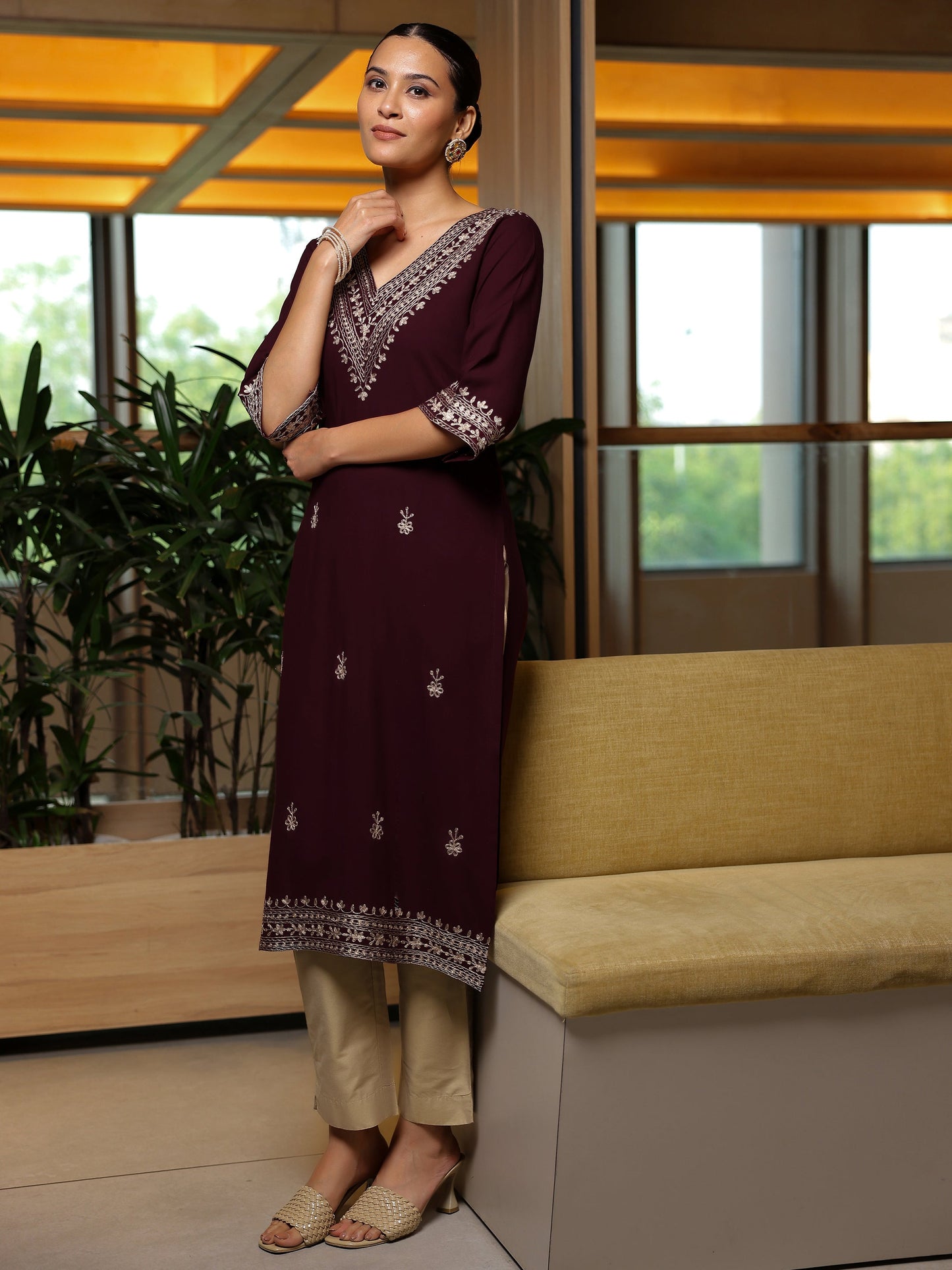 Wine Embroidered Rayon Straight Kurta