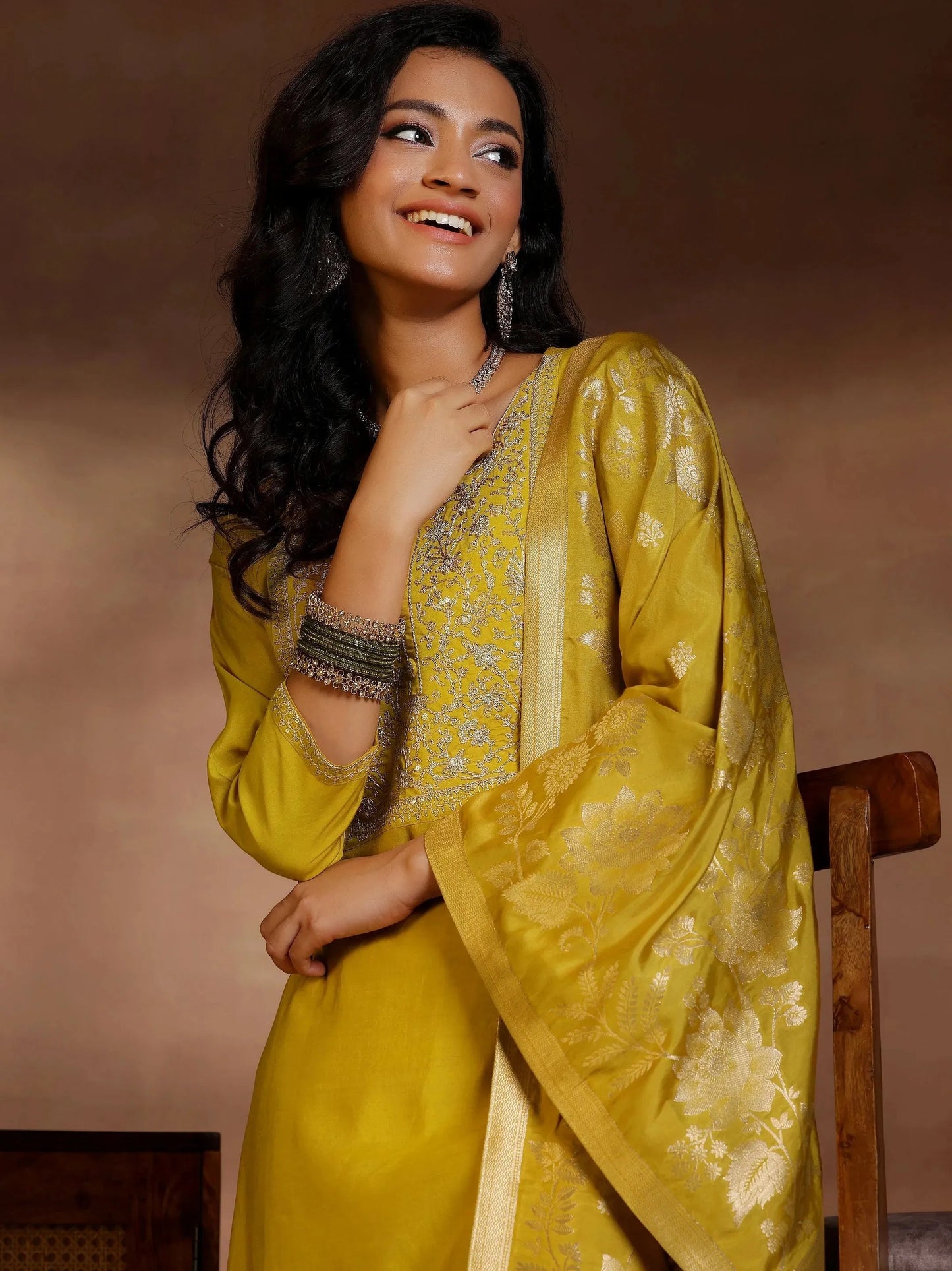 Mustard Yoke Design Silk Blend Straight Suits With Dupatta