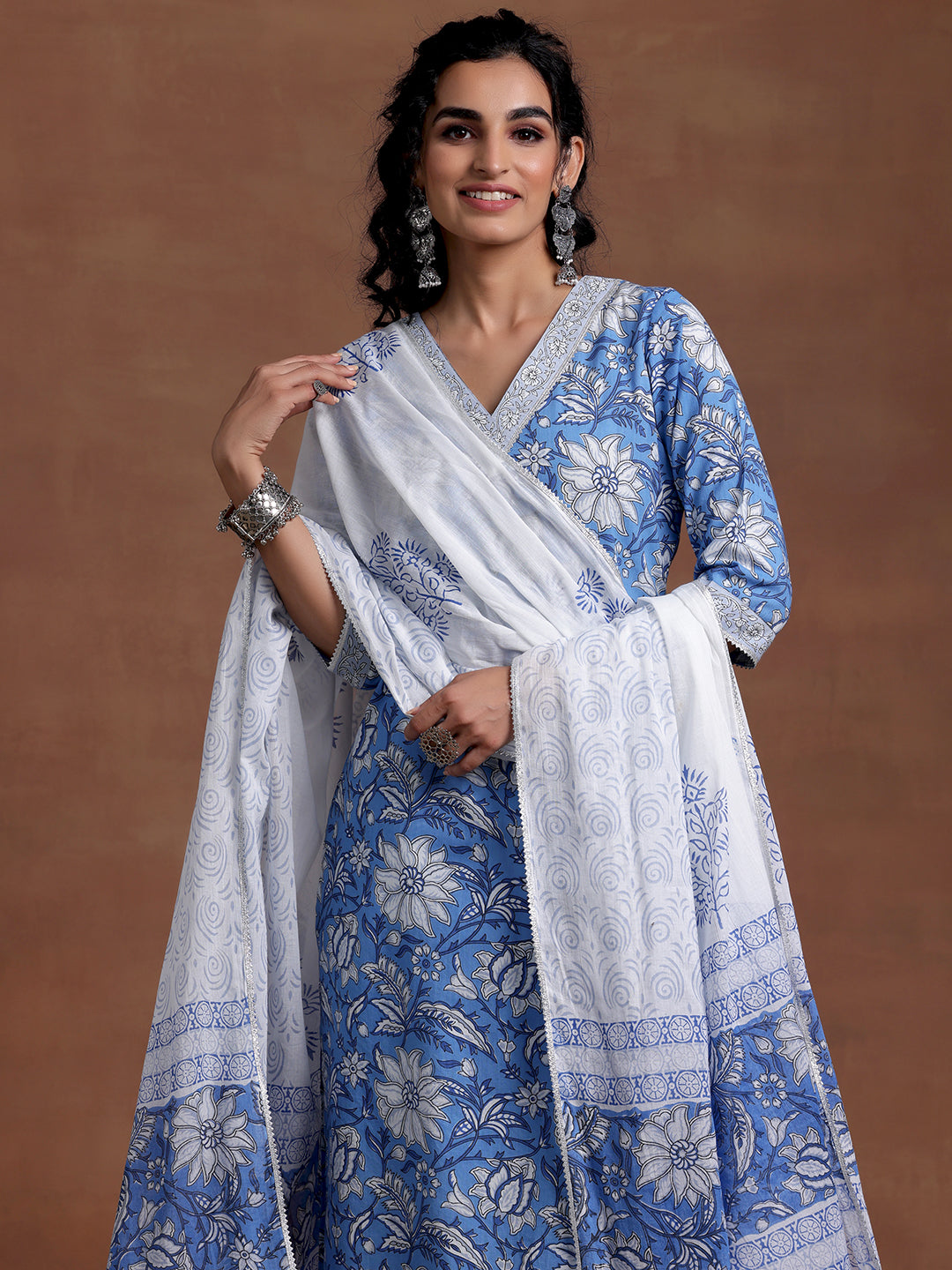 Blue Printed Cotton Straight Suit With Dupatta