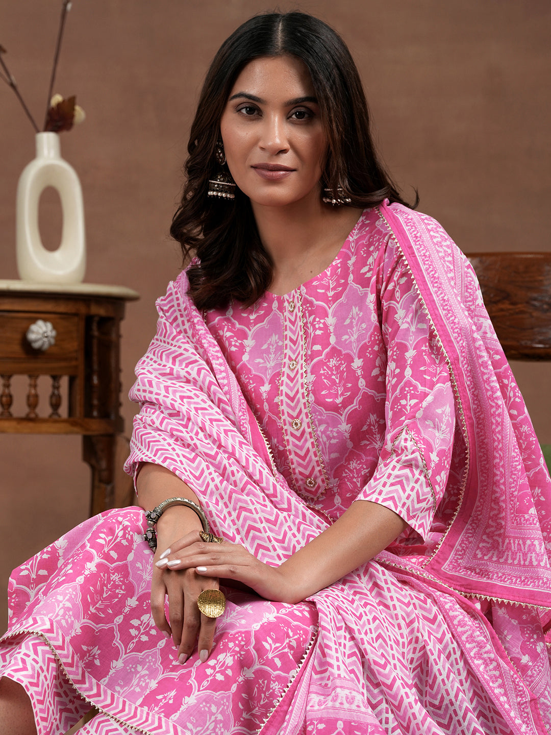 Pink Printed Cotton Straight Suit With Dupatta