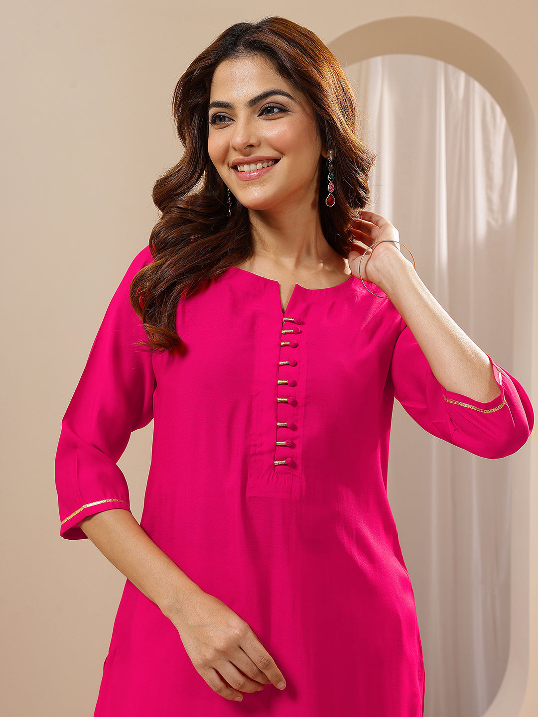 Pink Solid Silk Blend Straight Suit Sets With Dupatta