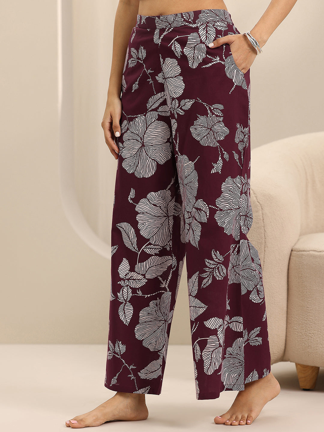 Burgundy Printed Cotton Night Suits
